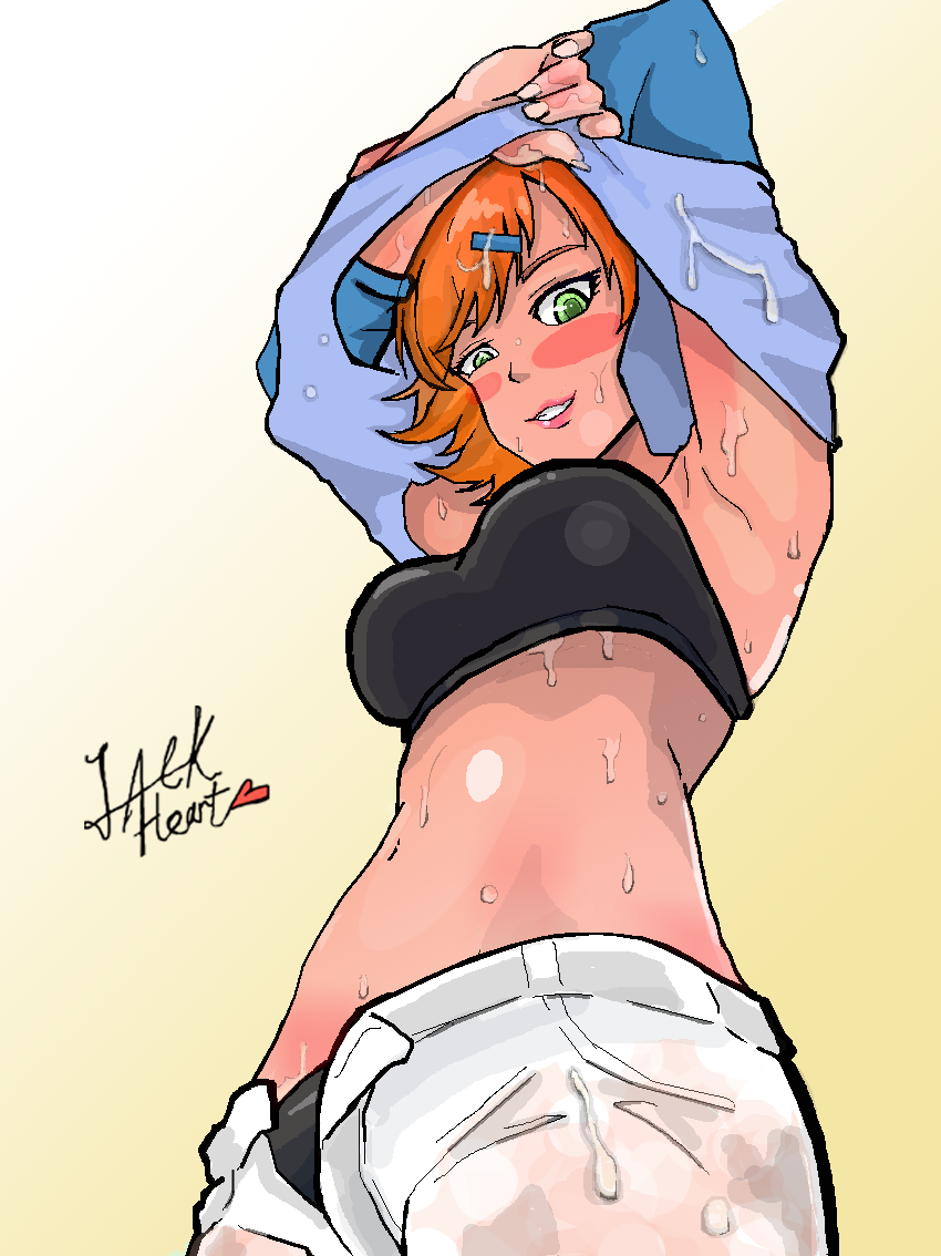 1girls ben_10 black_bra black_panties blushing cum cum_on_body cum_on_face cum_on_pants cum_on_shorts female female_only green_eyes gwen_tennyson jackheart lifted_shirt looking_down orange_hair shirt_lift shirt_up solo underwear white_shorts