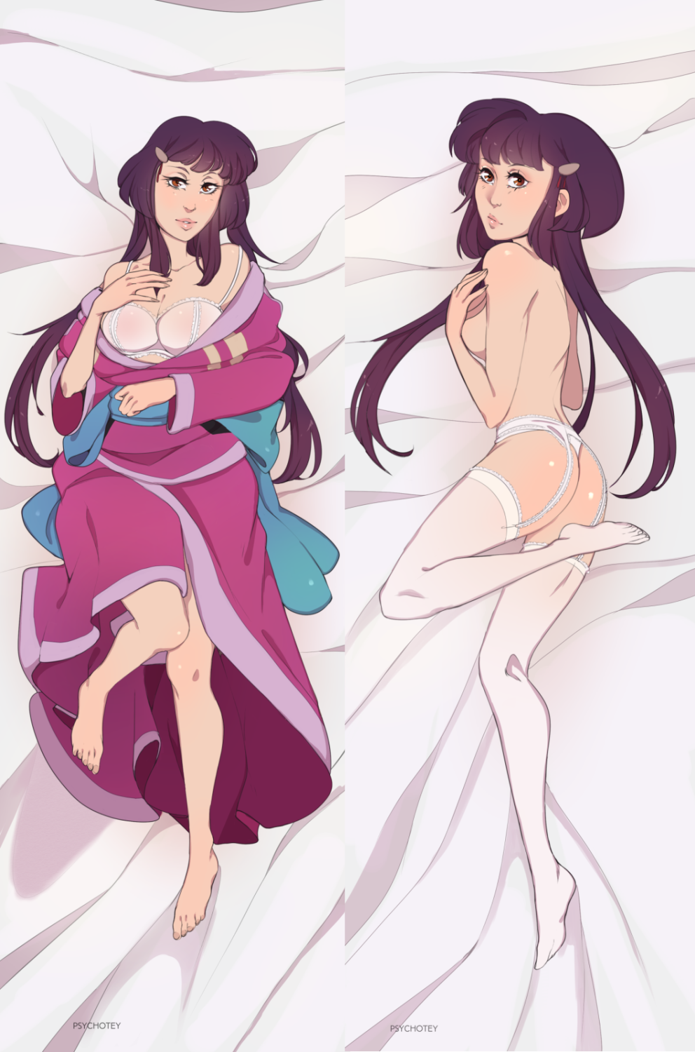 1girls ayeka_masaki_jurai dakimakura dakimakura_design kimono lingerie pink_eyes psychotey purple_hair stockings tenchi_muyo! white_lingerie white_panties white_stockings