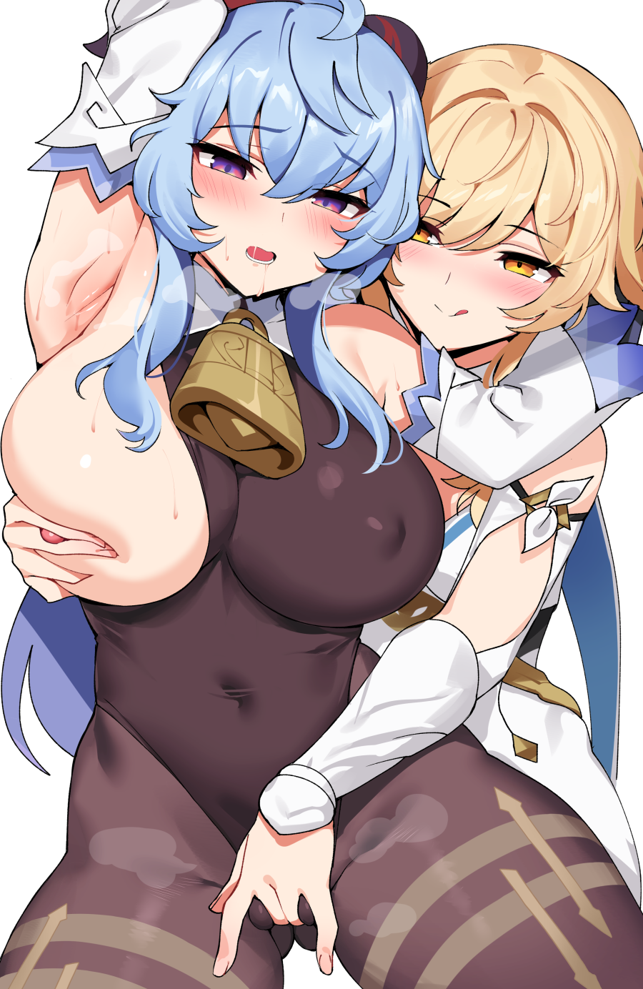 2girls ahoge areolae arm_up armpits ass_visible_through_thighs bare_shoulders bell big_breasts blonde_hair blue_hair blush bodystocking breast_grab breast_squish breasts brown_bodysuit clothing covered_navel covered_nipples cowbell detached_sleeves dress drooling erect_nipples erect_nipples_under_clothes eyebrows_visible_through_hair female female_only fingering fingering_through_clothes ganyu_(genshin_impact) genshin_impact highres horns large_breasts licking_lips low_ponytail lumine_(genshin_impact) multiple_girls ndgd nipples one_breast_out open_mouth purple_eyes saliva sexy_armpits sidelocks smile sweat sweaty_armpits tagme thighs tongue tongue_out white_dress wide_hips yellow_eyes yuri