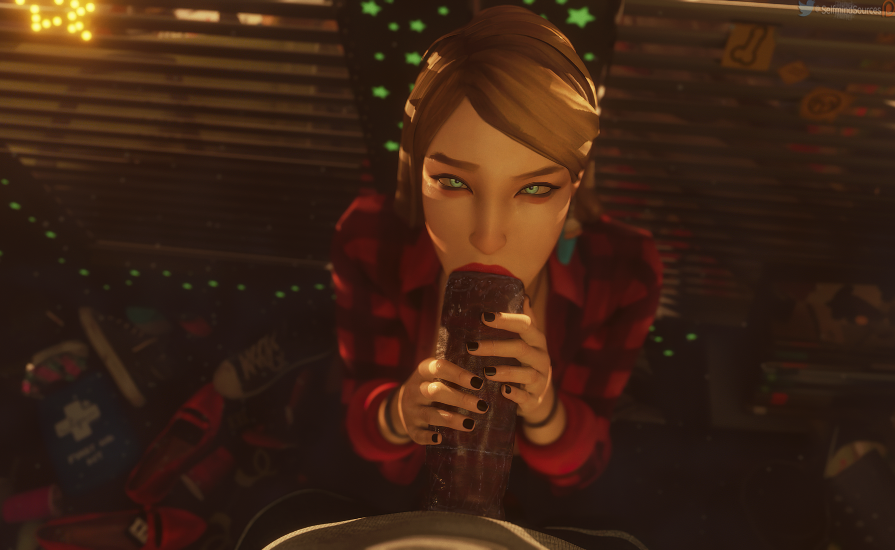 1boy, 1girls, 3d, 3d (artwork), balls, big balls, big penis, black nail polish, black nails, blender, blender (software), blonde hair, blowjob, bracelet, brown hair, checkered shirt, clothed, clothed female, clothed male, clothing, cock, cock worship, dark skin, dark-skinned male, deepthroat mark, detailed background, dick, earring, eye contact, eyelashes, eyeshadow, female, fingernails, fingers, fully clothed, glowing, glowing eyes, green eyes, holding, holding penis, huge cock, interracial, kneeling, large penis, life is strange, light skin, light-skinned female, lipstick, lipstick mark, lipstick on penis, long hair, long penis, makeup, male, nail polish, narrowed eyes, nose, oral, oral penetration, oral sex, pale skin, penis, petite, pov, pov eye contact, rachel amber, red lips, red lipstick, saliva, saliva drip, saliva on penis, saliva string, saliva trail, seductive eyes, seductive mouth, selfmindsources, sitting, slim, square enix, straight, straight hair, wet penis