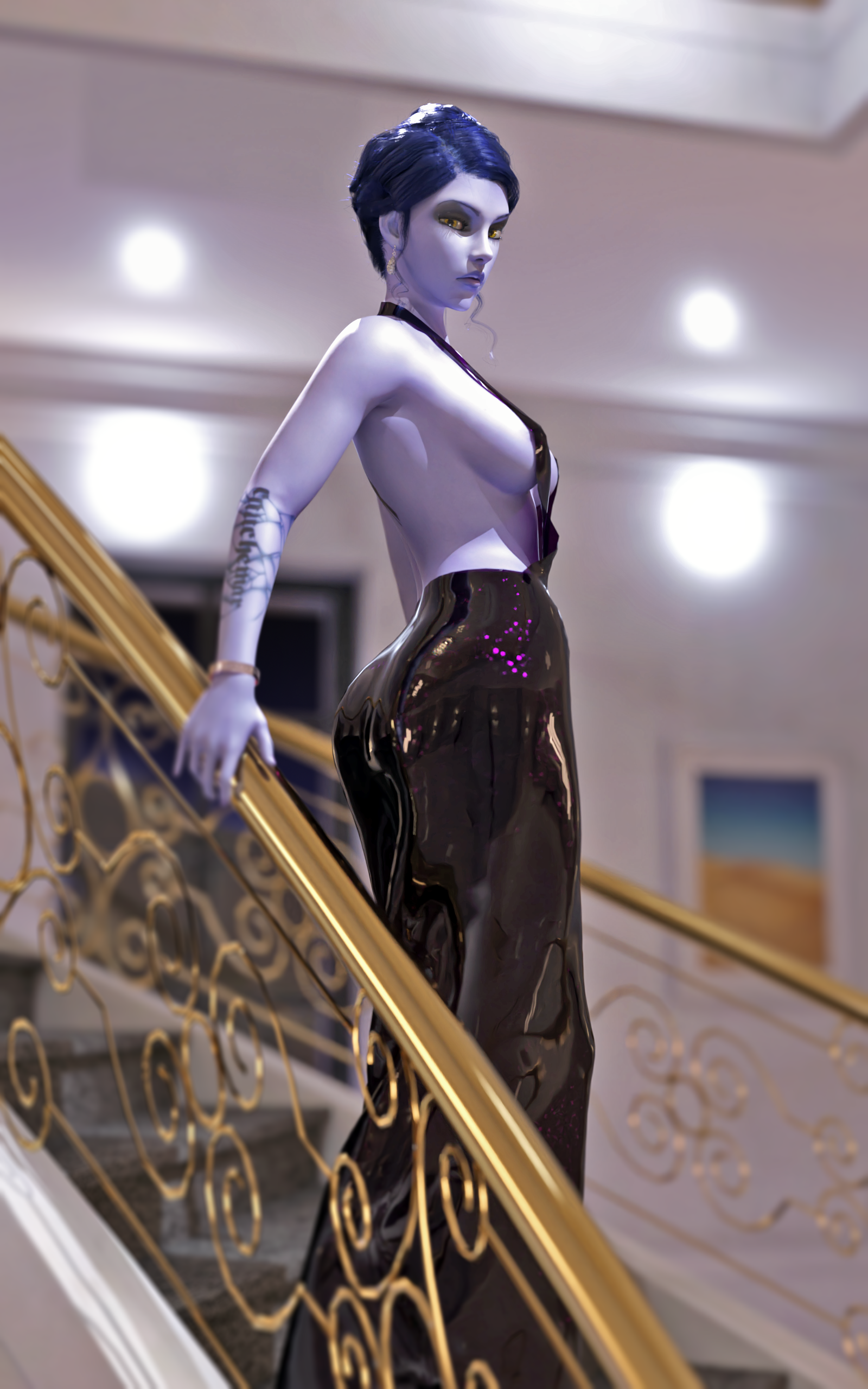 1girls, 3d, alternate hairstyle, amelie lacroix, ass, blizzard entertainment, blue hair, blue skin, breasts, classy, dark blue hair, dress, european, eyeshadow, female, french, jerelry, looking at viewer, looking back, mry, overwatch, petite, presenting ass, sideboob, solo, solo female, standing, tied hair, widowmaker, yellow eyes