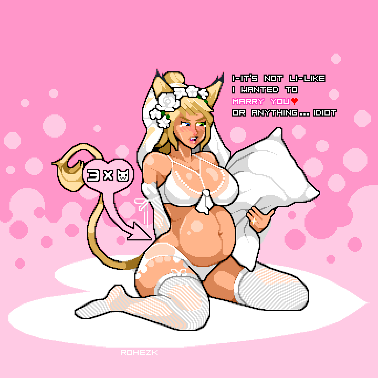 blush bridal_veil cat_ears cat_tail dialogue female female_only heart lingerie pixel_art pregnant rohezk solo_focus tagme text trials_in_tainted_space tsundere white_panties