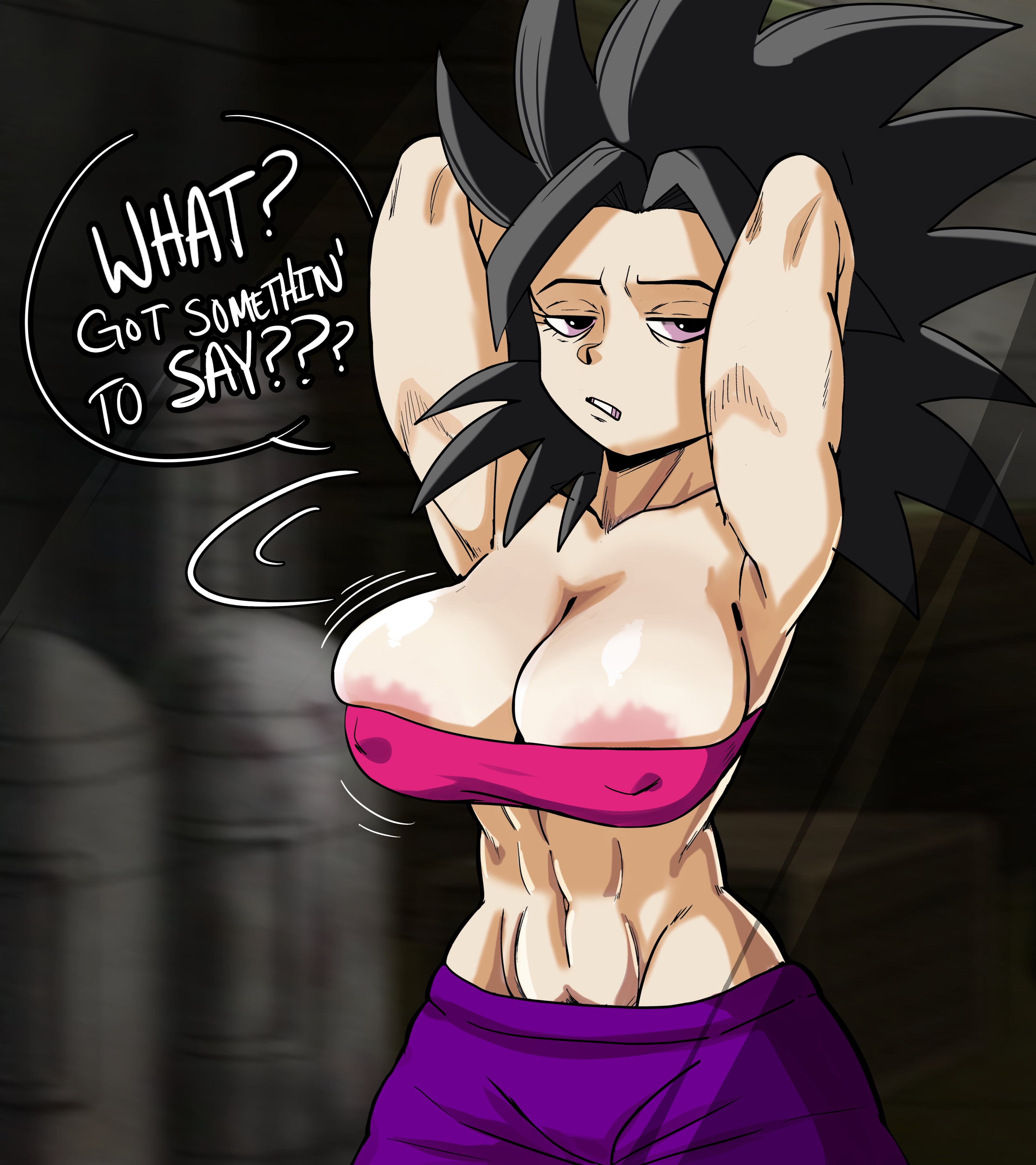 1girls, areola, areola slip, areolae, armpits, big breasts, big nipples, breasts, breasts bigger than head, caulifla, cleavage, clothed, clothing, color, crop top, dragon ball, dragon ball super, dragon ball z, female, looking at viewer, massive breasts, muscular, muscular female, nip slip, nipple slip, pseudocel, stretching, text, tight clothing, tight fit, tomboy, tube top, tubetop