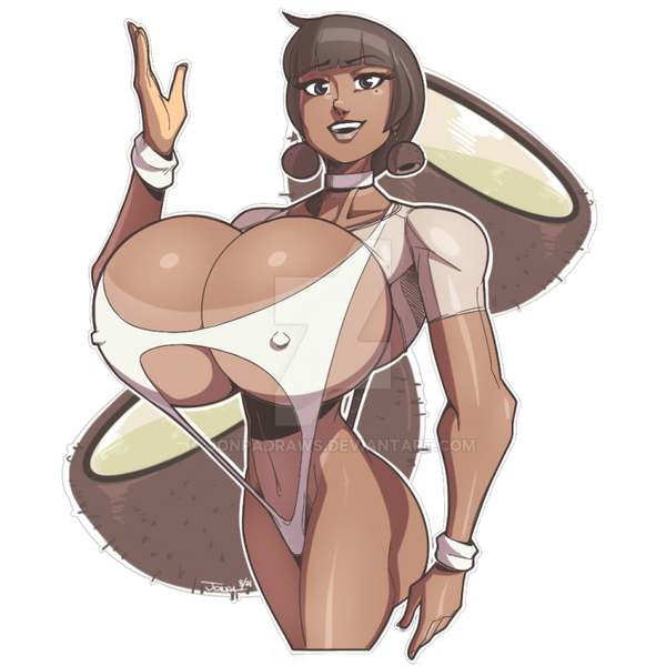 1girls breast_implants coconut coconut_(jonpadraws) dark-skinned_female erect_nipples fake_breasts fruit huge_breasts jonpadraws juice_girls