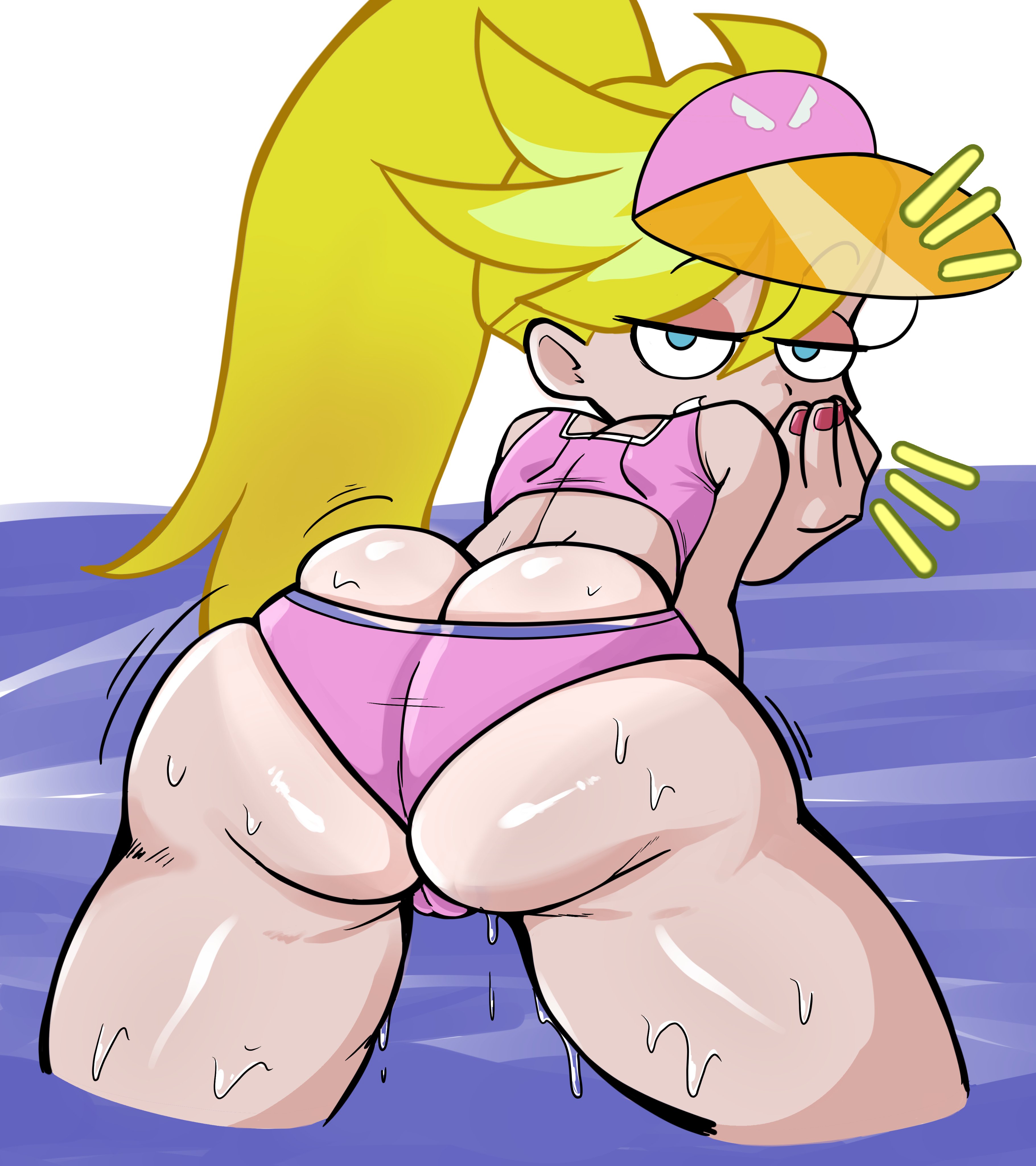 1girls, ass, ass crack, big ass, blonde hair, blue eyes, bubble ass, bubble butt, butt crack, colored nails, eyebrows visible through hair, female, hair between eyes, light skin, light-skinned female, looking at viewer, looking back, nail polish, panty & stocking with garterbelt, panty anarchy, pink nails, pink swimsuit, ponytail, pseudocel, solo, spiky hair, swimsuit, thick thighs, visor, wet