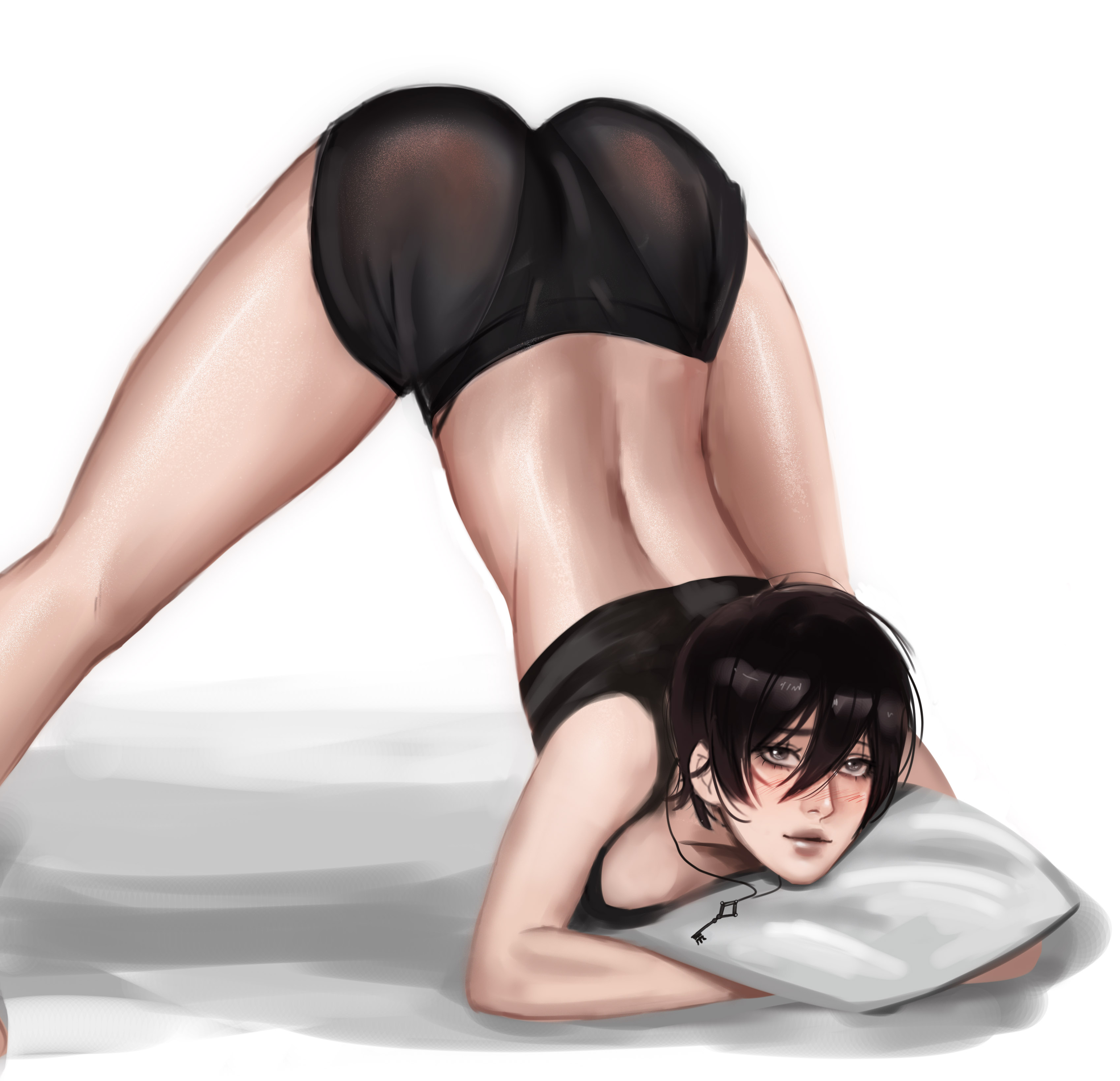 1girls, ass, ass up, attack on titan, axelartt, bending over, big ass, big butt, black hair, blush, breasts, clothed, clothing, female, female focus, female only, jack-o pose, light skin, light-skinned female, looking at viewer, looking back, mikasa ackerman, on floor, petite, pose, shingeki no kyojin, short hair, solo, solo female, solo focus, thick thighs, thighs, white skin