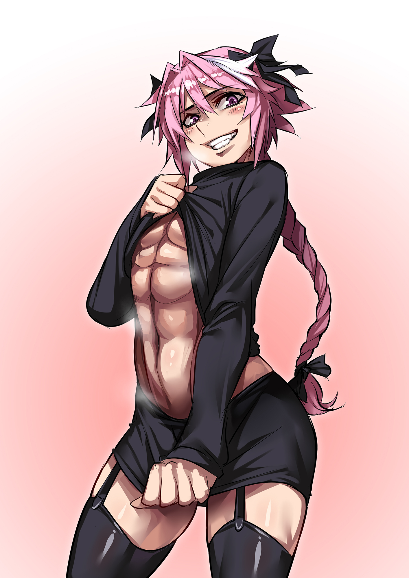 1boy, 2019, abs, absurd res, astolfo (fate), black clothing, blush, bow, braid, clothing, crossdressing, eyebrows visible through hair, fangs, fate (series), fate/apocrypha, fate/grand order, femboy, garter straps, gradient background, grin, hair between eyes, hair ribbon, highlights, highres, long hair, long ponytail, looking at viewer, male, male only, matching hair/eyes, miniskirt, muscular, muscular femboy, muscular male, muscular trap, navel, pecs, pink background, pink eyes, pink hair, ponytail, ribbon, ryuusei (mark ii), simple background, single braid, skirt, skirt tug, smile, solo, standing, sweater, sweater lift, teeth, thick thighs, thighhighs, thighs, tied hair, trap, white highlights, zettai ryouiki