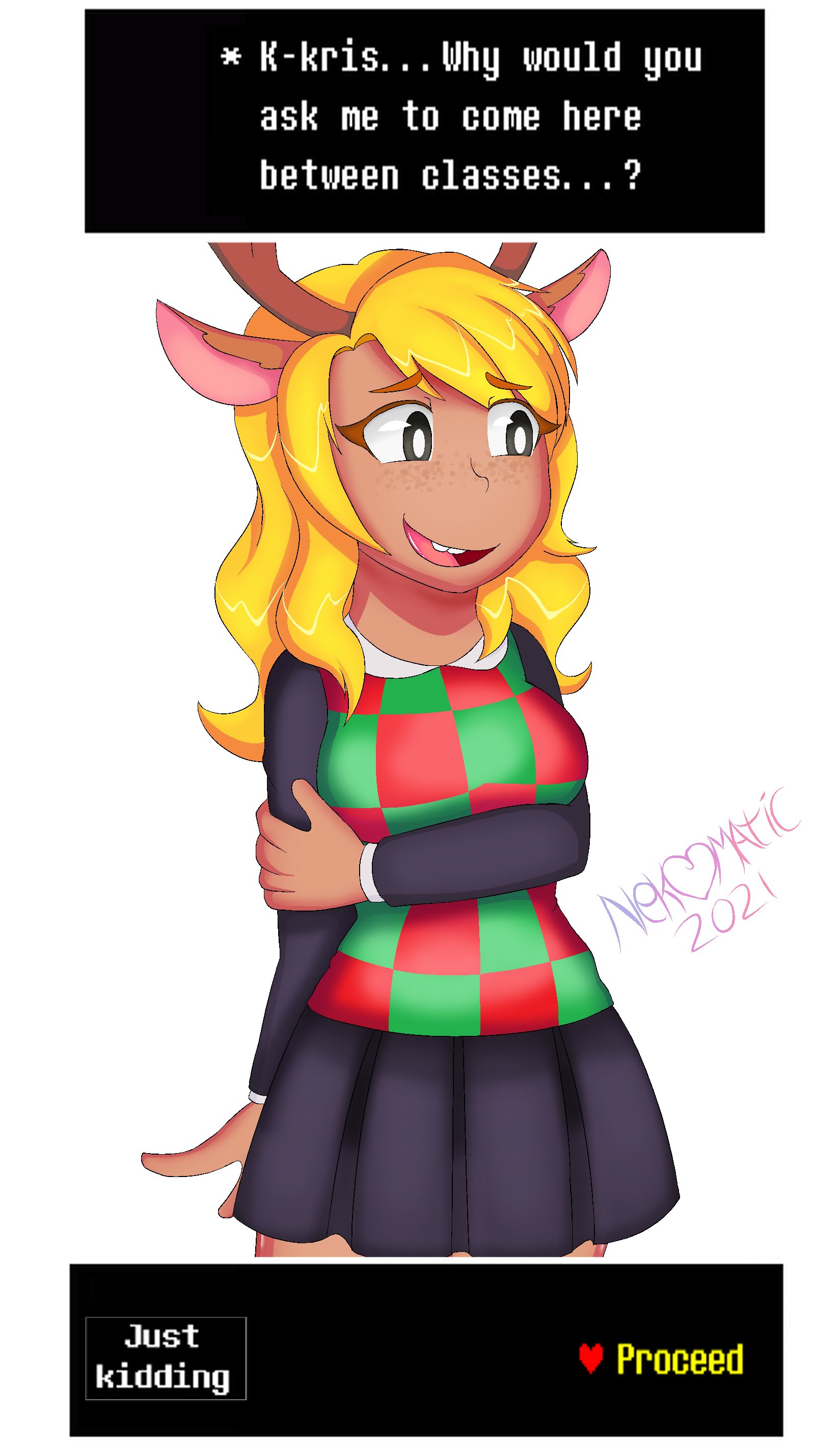 1girls, 2d, animal ears, anthro, anthro female, anthro only, antlers, blonde hair, deltarune, dialogue, dialogue box, english text, female, female only, freckles, furry, furry female, furry only, game ui, gameplay mechanics, humanoid, humanoid female, humanoid only, mammal, mammal humanoid, nekomatic, noelle holiday, shy, solo, talking, text, undertale (series)
