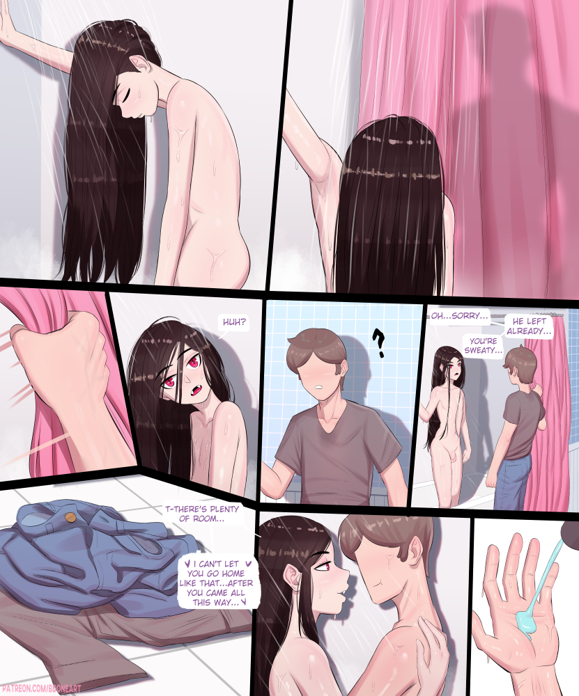 2boys bdone black_hair black_hair_bottom brothers brown_hair brown_hair_on_black_hair brown_hair_top comic cute_fangs domination fangs femboy femboy_vampire feminine_male gay girly incest light_hair_on_dark_hair male male_only sasha_(bdone) shower smaller_male speech_bubble text trap vampire yaoi