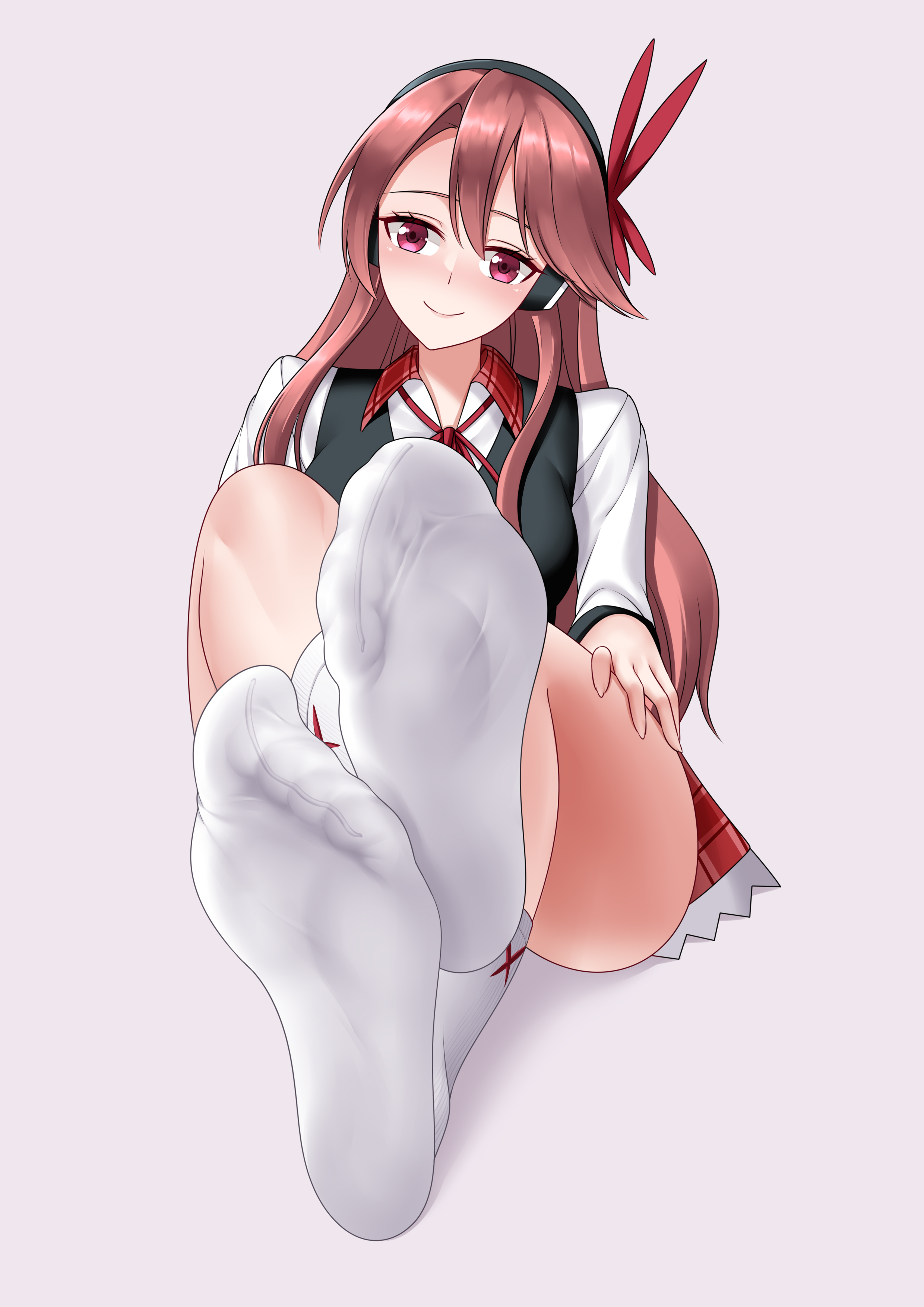 1girls, absurdres, akame ga kill!, blush, chelsea (akame ga kill!), curvaceous, curvy, curvy body, curvy female, curvy figure, feet, female, foot fetish, foot focus, hand on own thigh, headphones, highres, human, human only, long hair, looking at viewer, no shoes, oirin, orange hair, red eyes, sensual, smile, socks, soles, solo, solo female, toes, white legwear, white socks, young