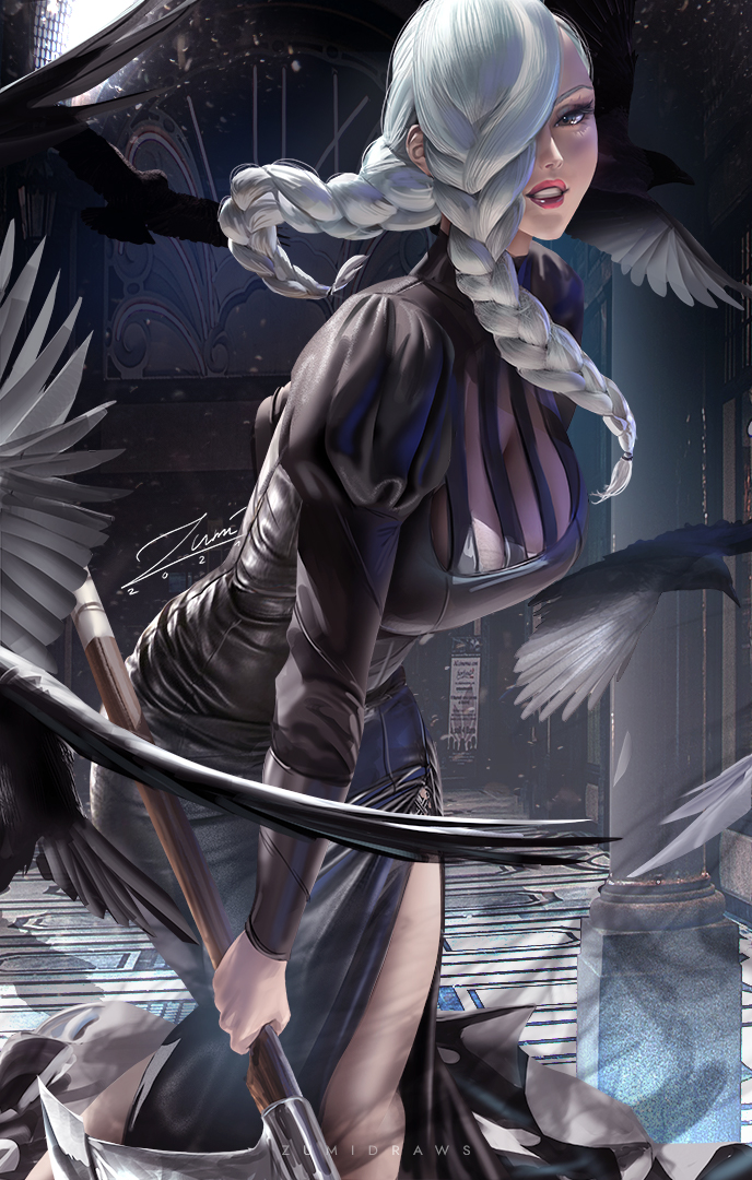 1girls, ass, big breasts, black clothing, black dress, boobs, braided hair, braids, breasts, cleavage, clothed, clothing, female, female only, huge breasts, jujutsu kaisen, mei mei (jujutsu kaisen), posing, shounen jump, solo, solo female, thighs, weapon, white hair, zumi