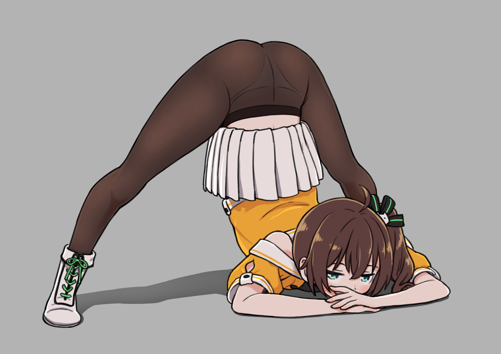 1girls, brown hair, female, green eyes, hololive, hololive gen 1, hololive japan, jack-o pose, looking at viewer, natsuiro matsuri, panties, pantyhose, virtual youtuber
