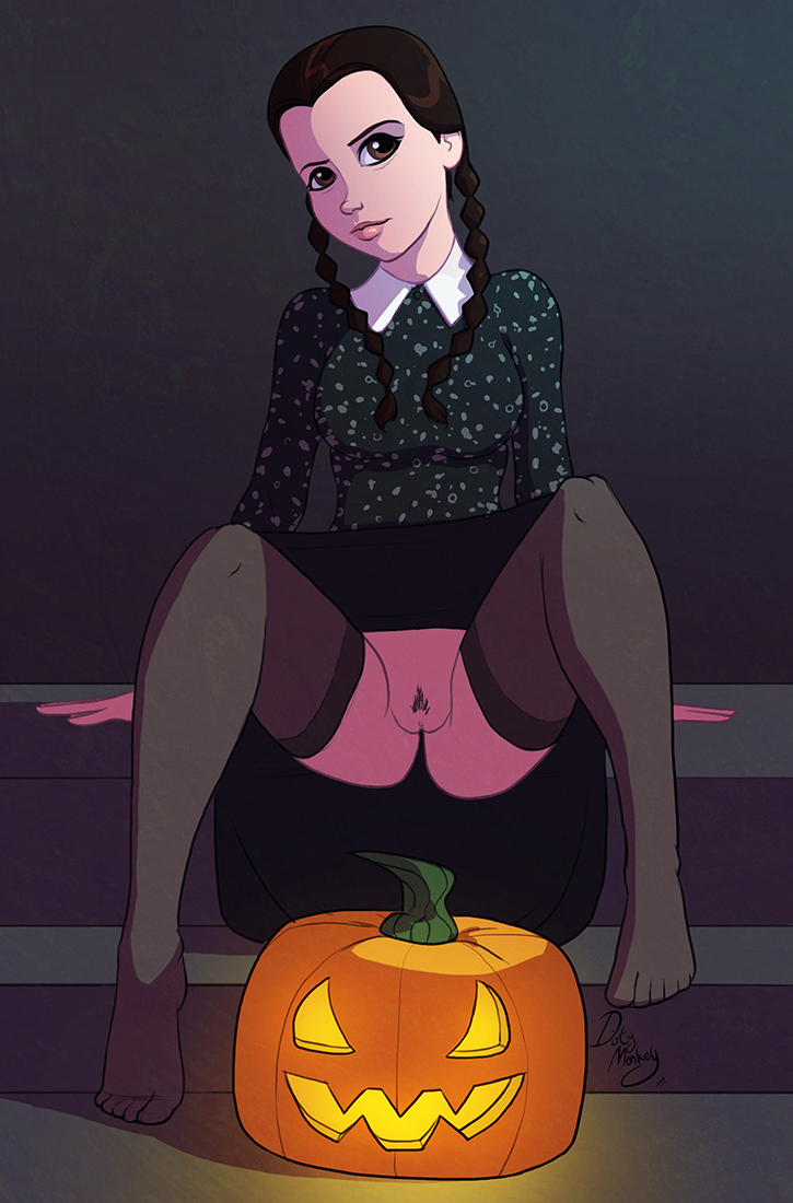black hair, breasts, brown eyes, busty, female, female focus, female only, going commando, goth, hourglass figure, pubes, pubic hair, pussy, sitting, stockings, tagme, the addams family, thedirtymonkey, upskirt, vagina, wednesday addams, wide hips
