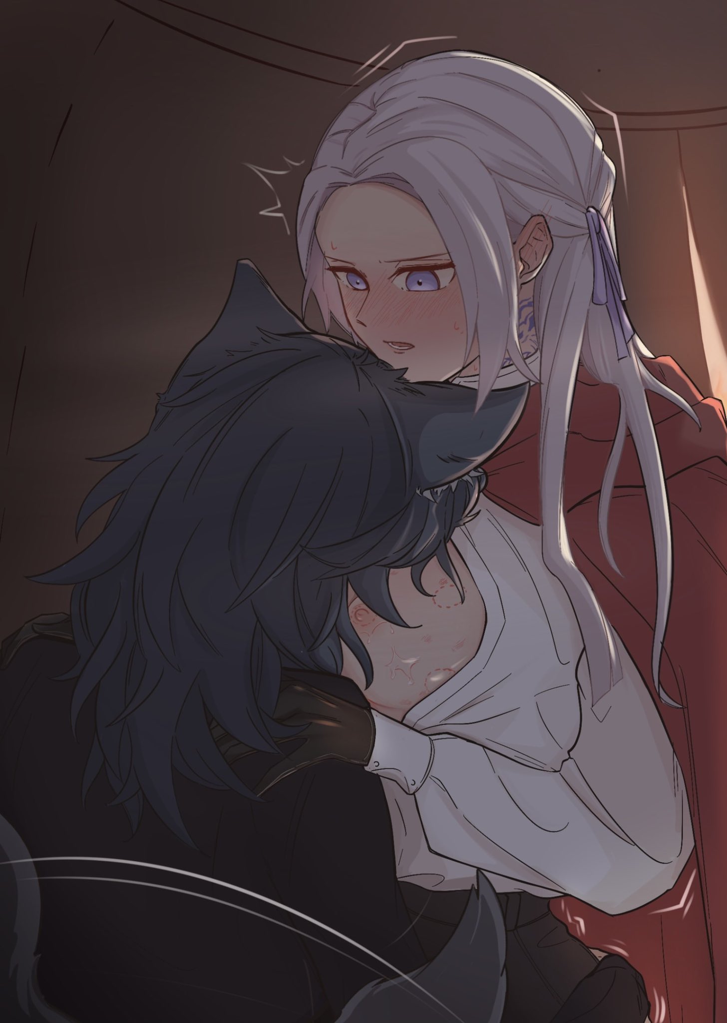 2girls, animal ears, bite mark, breasts, byleth (fire emblem), byleth (fire emblem) (female), cleavage, edelgard von hresvelg, face between breasts, female, fire emblem, fire emblem: three houses, little red riding hood (copyright), long hair, nintendo, teal hair, tinggg, white hair, wolf ears, wolf tail, yuri