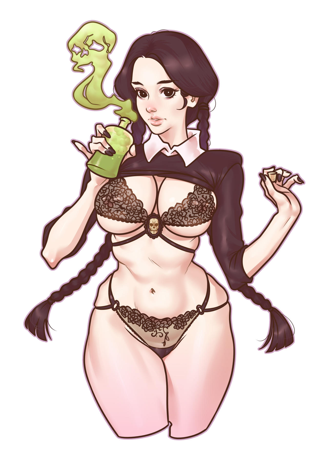 1girls, black hair, breasts, busty, female, female focus, female only, goth, goth girl, hourglass figure, human, human only, light skin, light-skinned female, lingerie, poison, pose, posing, potion bottle, solo, solo female, standing, tagme, the addams family, theartoflucassilva, twin braids, voluptuous, voluptuous female, wednesday addams, white background, wide hips