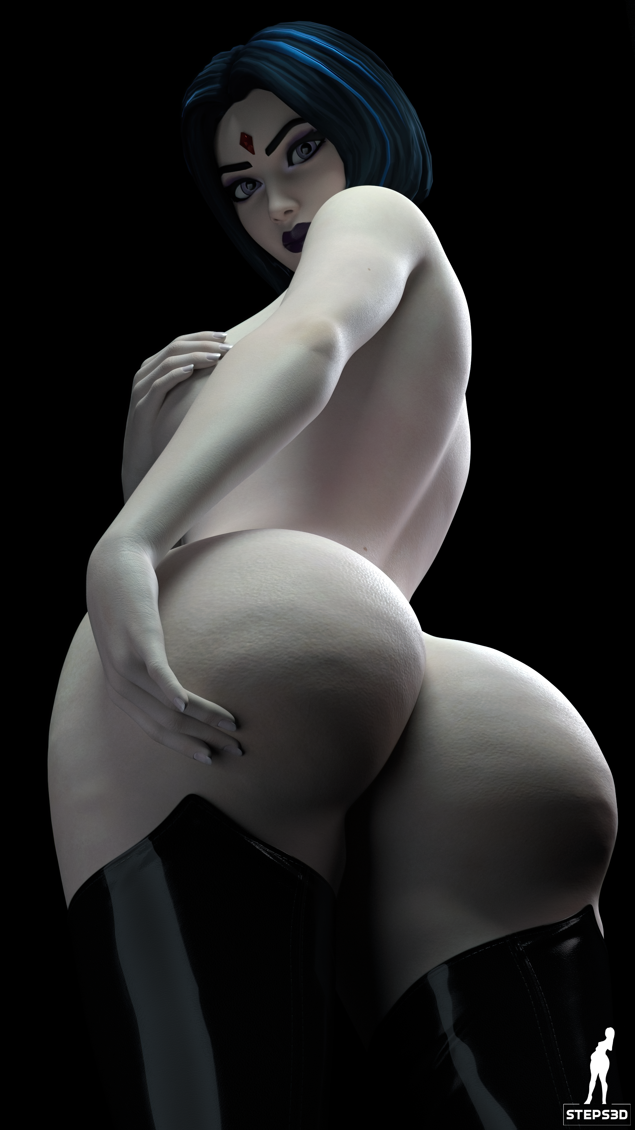 1girls, 3d, 3d (artwork), ass, ass grab, big ass, breast grab, breasts, bubble ass, bubble butt, dc, dc comics, epic games, fat ass, female, female only, forehead jewel, fortnite, fortnite: battle royale, goth, goth girl, huge ass, large ass, lipstick, looking at viewer, looking down, looking down at viewer, low-angle view, nude, nude female, pale skin, rachel roth, raven (dc), raven (fortnite) (dc), solo, solo female, steps3d, teen titans, thighhighs, voluptuous, white skin, wide hips
