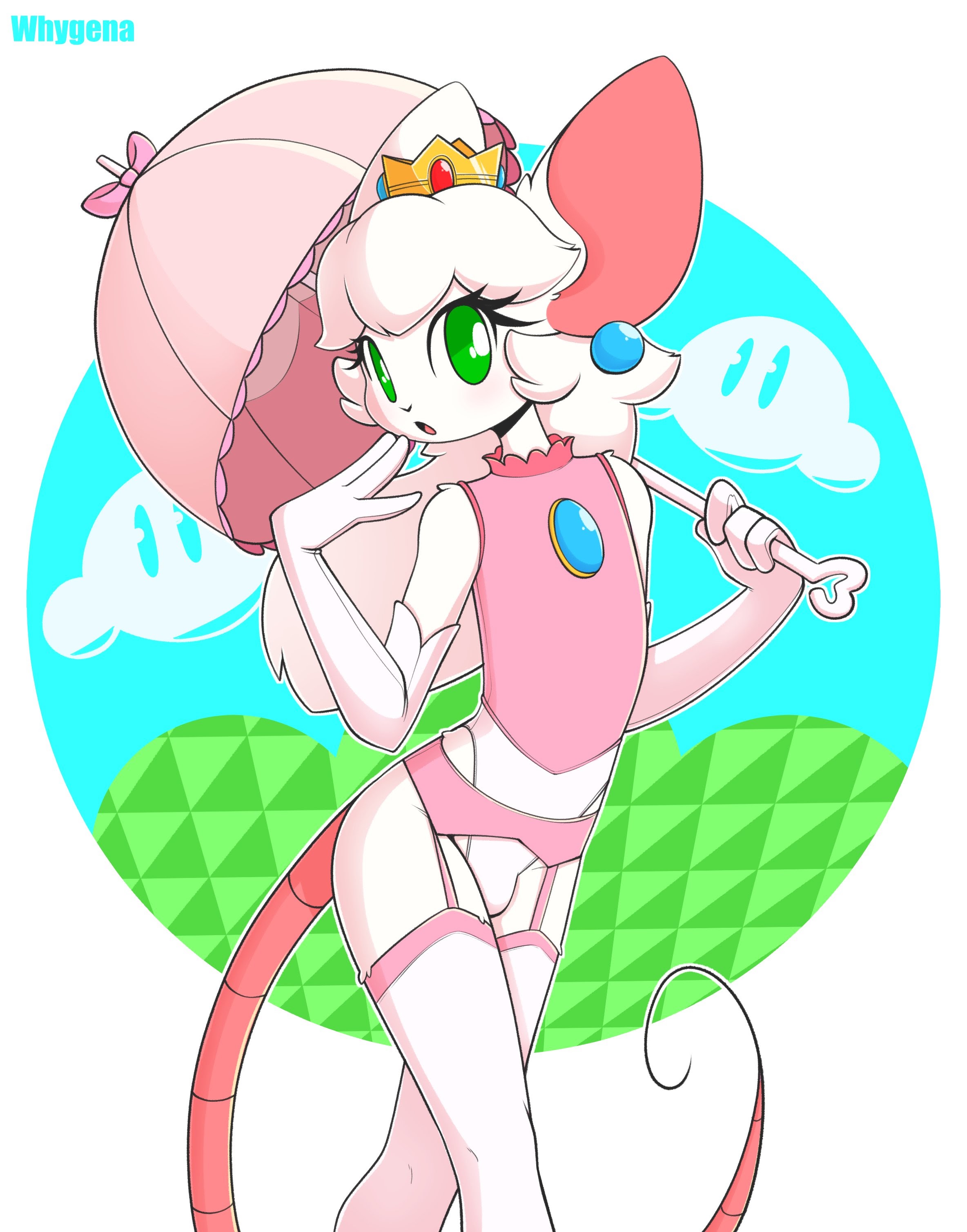 1boy, anthro, blush, bottomless, cosplay, crossdressing, crossdressing male, crown, cute, dress, earrings, femboy, furry, garter belt, girly, male, male anthro, male only, mario (series), mouse, nintendo, princess peach (cosplay), reggie (whygena), solo, solo male, stockings, super mario bros., thong, umbrella, whygena