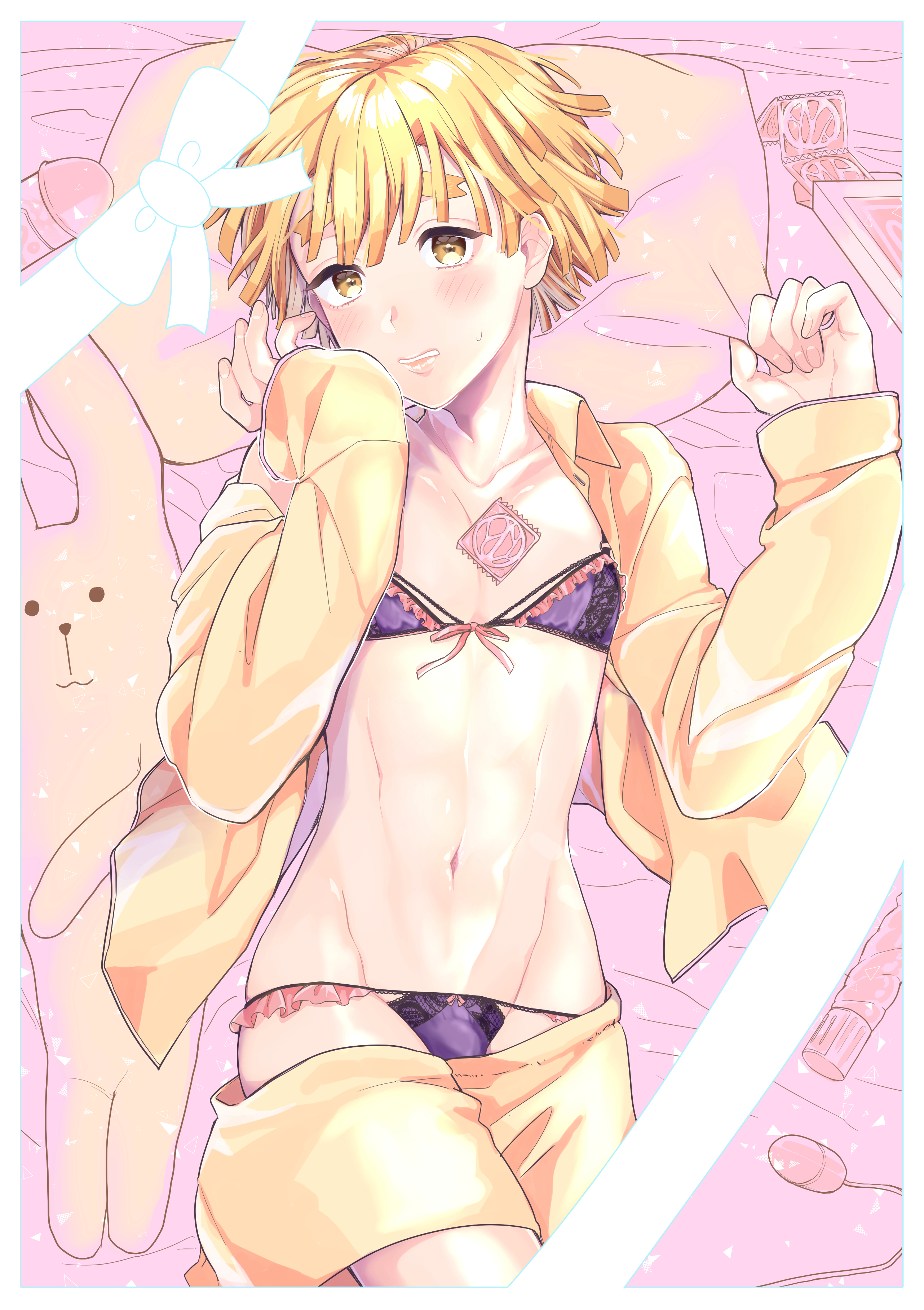alternate costume, blonde hair, blush, bra, condom wrapper, crossdressing, demon slayer, femboy, ishidori, kimetsu no yaiba, looking at viewer, male, male only, on back, open shirt, pajamas, panties, pants down, solo, sweatdrop, thick eyebrows, twink, yellow eyes, zenitsu agatsuma