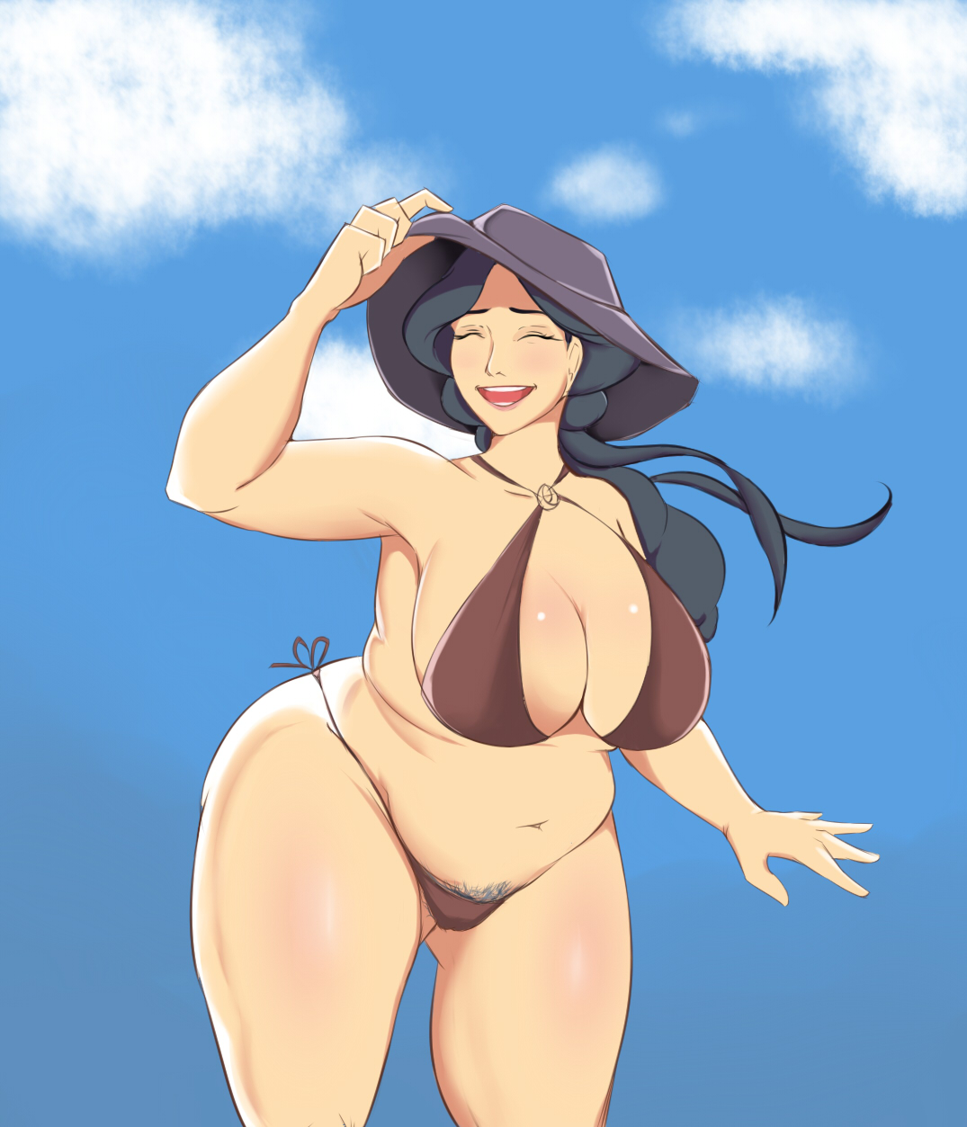 1girls, alternate body type, ass, big breasts, bikini, breasts, chubby, closed eyes, drasna (pokemon), elite four, fat ass, female, game freak, happy, m jr art, mature, mature female, nintendo, older female, open mouth, outdoors, pokemon, pokemon xy, pubic hair, solo, solo female