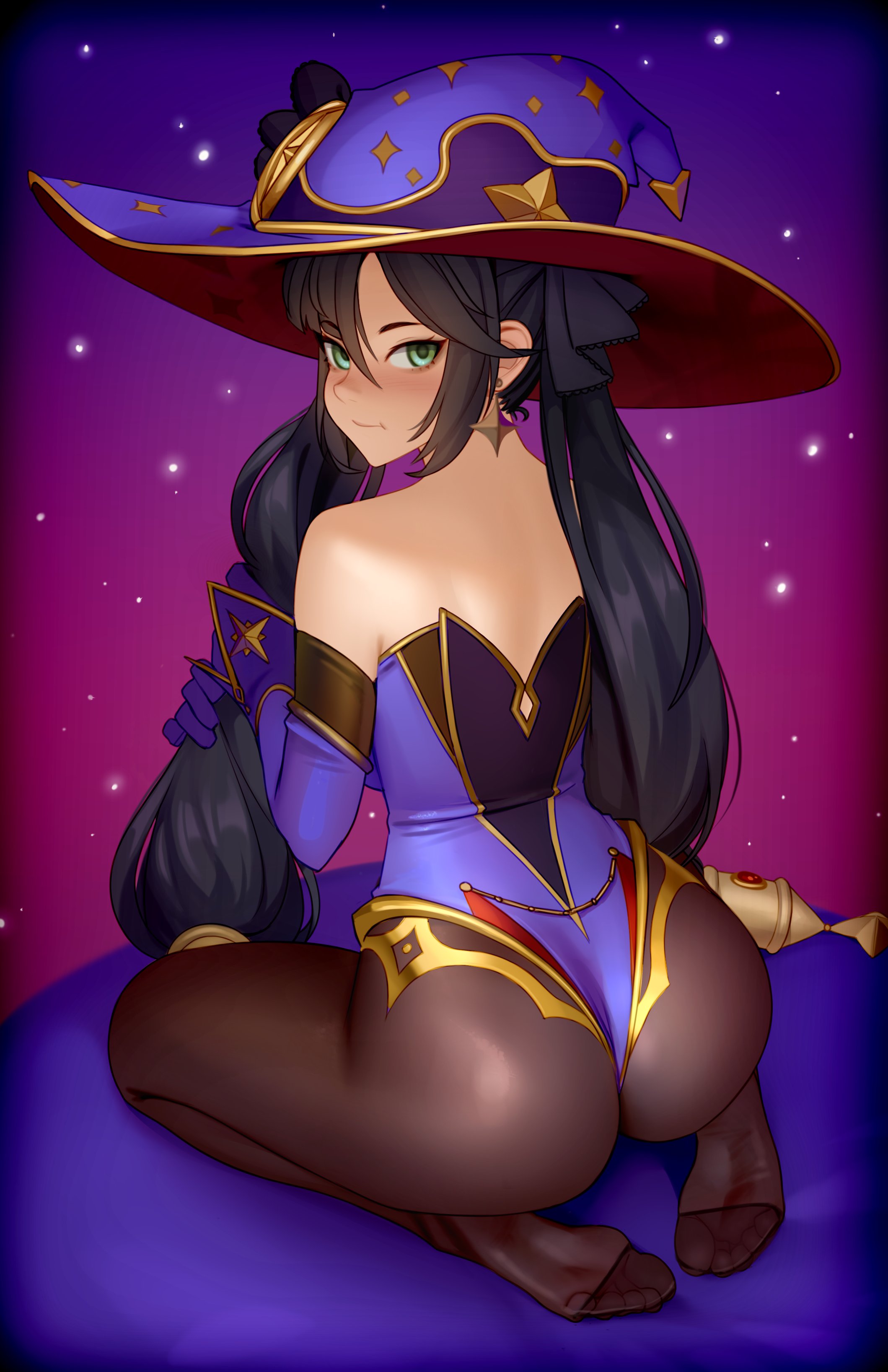 1girls, ass, big ass, blush, feet, feet visible through clothing, female, female only, genshin impact, kairuhentai, kairunoburogu, looking at viewer, looking back, mona (genshin impact), no shoes, pantyhose, solo, toes