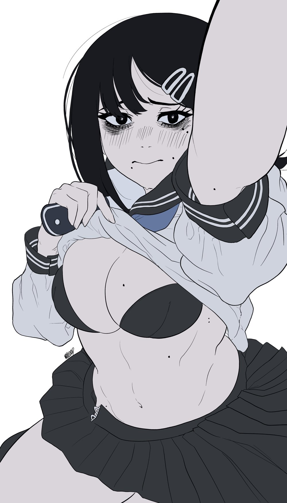 2021, beauty mark, black hair, bra, breasts, chainsaw man, cleavage, female, female focus, female only, hairclip, higashiyama kobeni, knife, lifting shirt, medium breasts, midriff, nervous, noblood, presenting breasts, ryandomonica, school uniform, sketch, voluptuous, white background