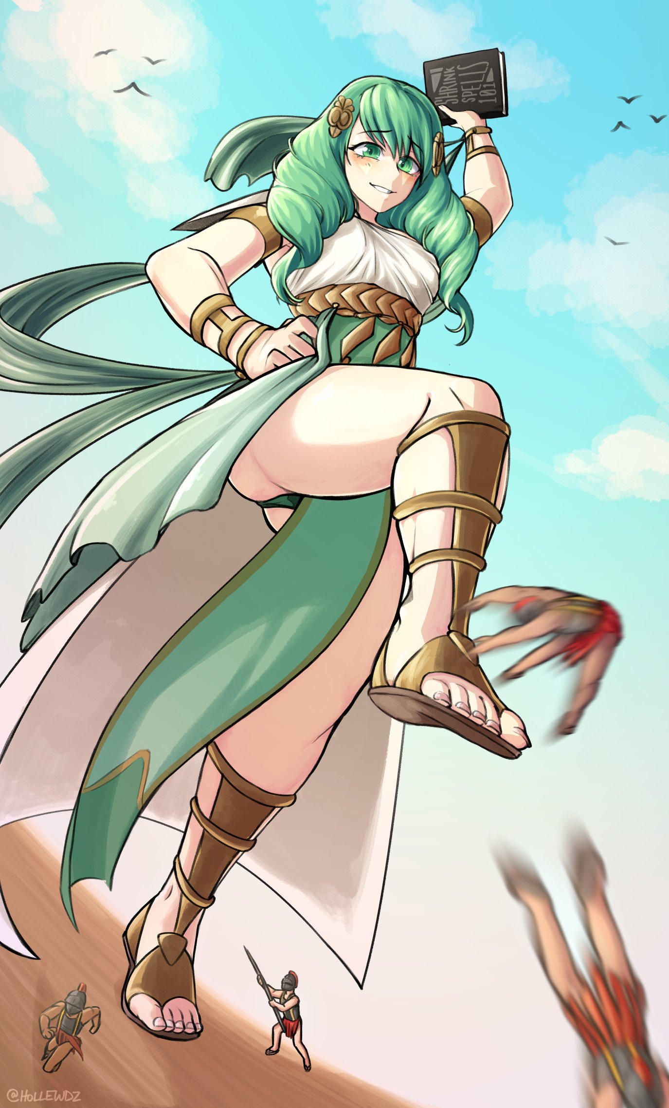 1girls, alternate costume, bare legs, book, breasts, dancer, dancer (three houses), female, fire emblem, fire emblem: three houses, flayn (fire emblem), giantess, green eyes, green hair, green panties, grin, hollewdz, long hair, magic, male, medium breasts, micro male, nintendo, panties, pantyshot, pantyshot (standing), size difference, smile, solo focus, upskirt