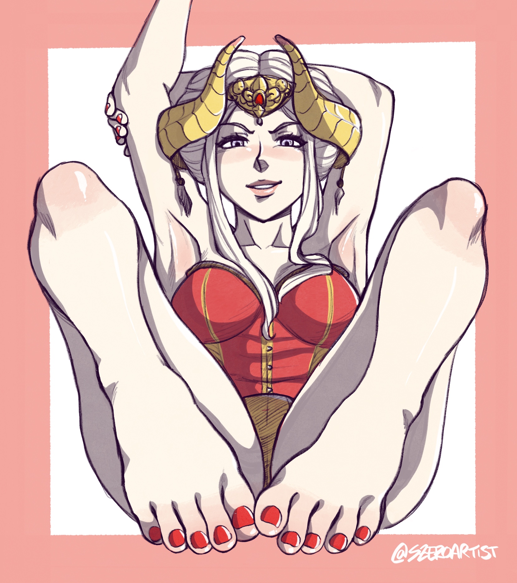 1girls, armpits, bare legs, barefoot, breasts, edelgard von hresvelg, feet, female, fire emblem, fire emblem: three houses, foot fetish, foot focus, grin, lingerie, medium breasts, nail polish, nintendo, painted nails, painted toenails, panties, pinup, posing, post-timeskip, purple eyes, red nails, short hair, smile, smirk, szeroart, toenail polish, toes, white hair, yellow panties