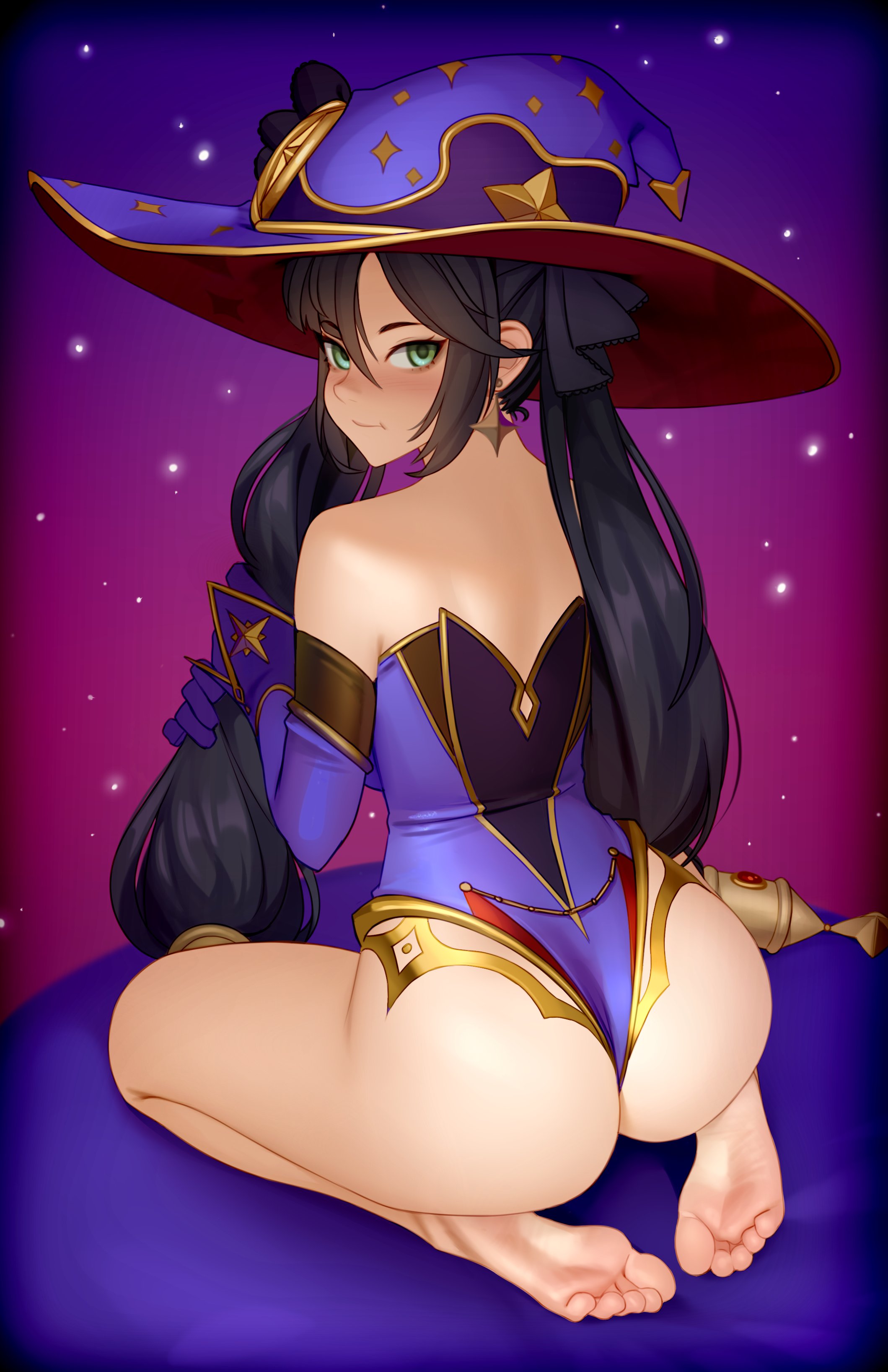 1girls, ass, barefoot, big ass, blush, feet, female, female only, genshin impact, kairuhentai, kairunoburogu, looking at viewer, looking back, mona (genshin impact), solo, toes