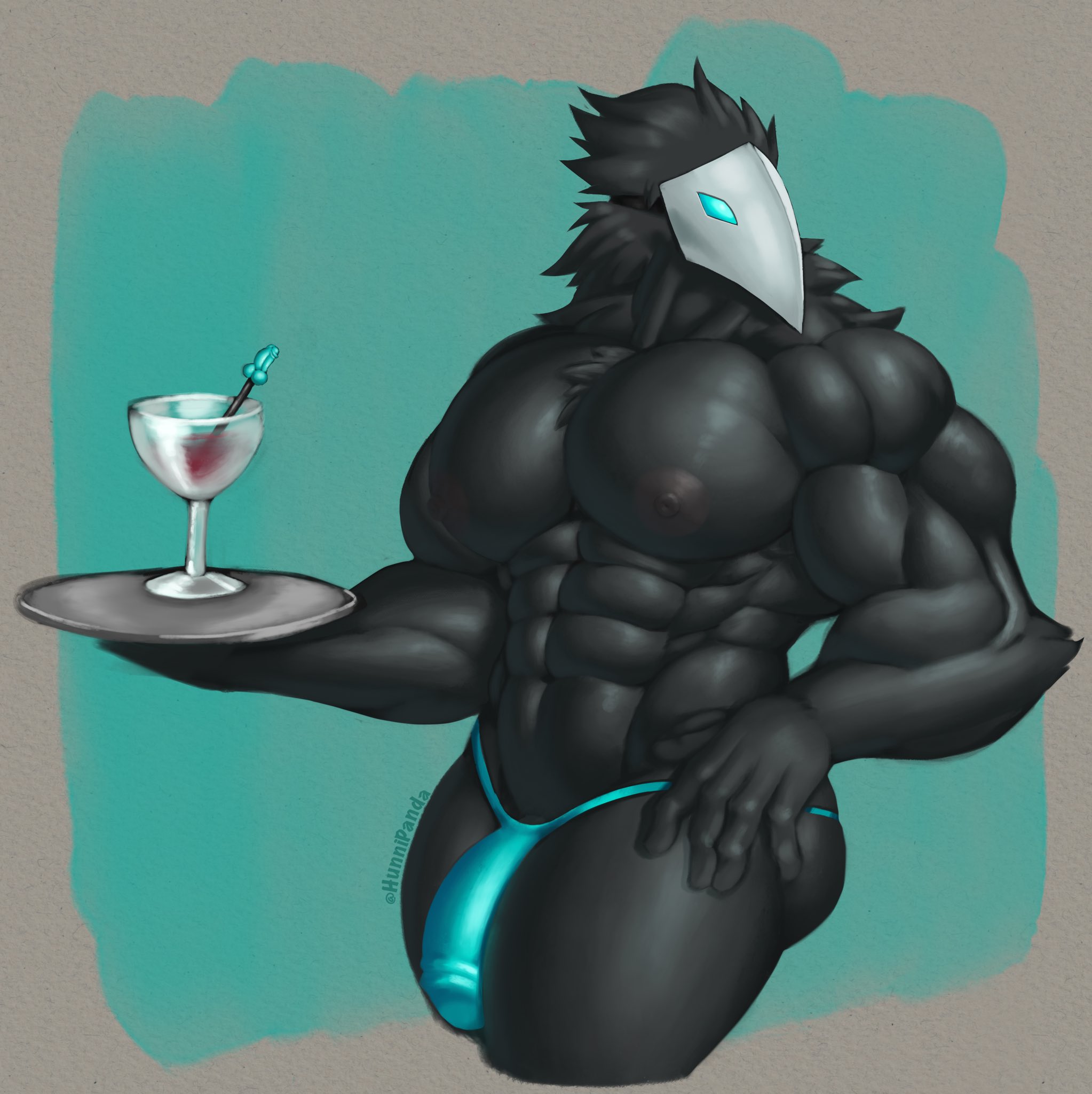 1boy, abs, anthro, avian, beefy, big pecs, black body, black nipples, blue clothing, blue thong, blue underwear, bulge, clothed, clothing, container, cup, deltarune, flaccid, genital outline, glass, glass container, glass cup, hi res, hunnipanda, male, male nipples, male only, male thong, mask, muscular, muscular anthro, muscular male, navel, nipples, pecs, penis, penis outline, smooth skin, smooth skinned male, solo, swatchling (deltarune), thong, topless, undertale (series), underwear, video games