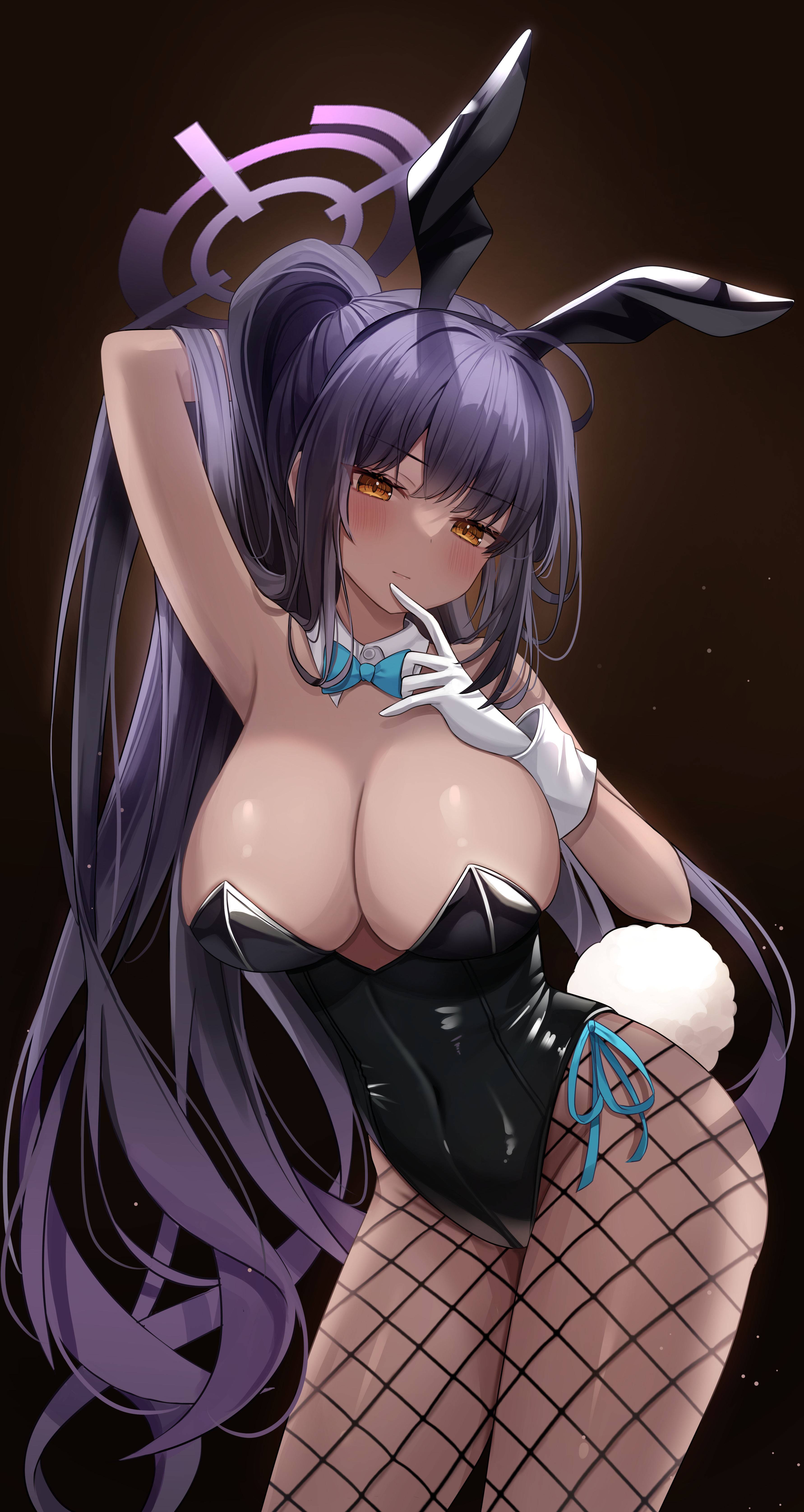 1girls, 2022, absurd res, armpits, arms up, black hair, black leotard, blue archive, blush, breasts, brown skin, bunny ears, bunny girl, bunny tail, bunnysuit, cleavage, dark skin, dark-skinned female, female, female only, fishnet legwear, fishnets, halo, hi res, highleg leotard, hips, huge breasts, karin (blue archive), karin (bunny) (blue archive), leotard, long hair, looking at viewer, nannung, slim waist, thick thighs, thighs, wide hips, yellow eyes
