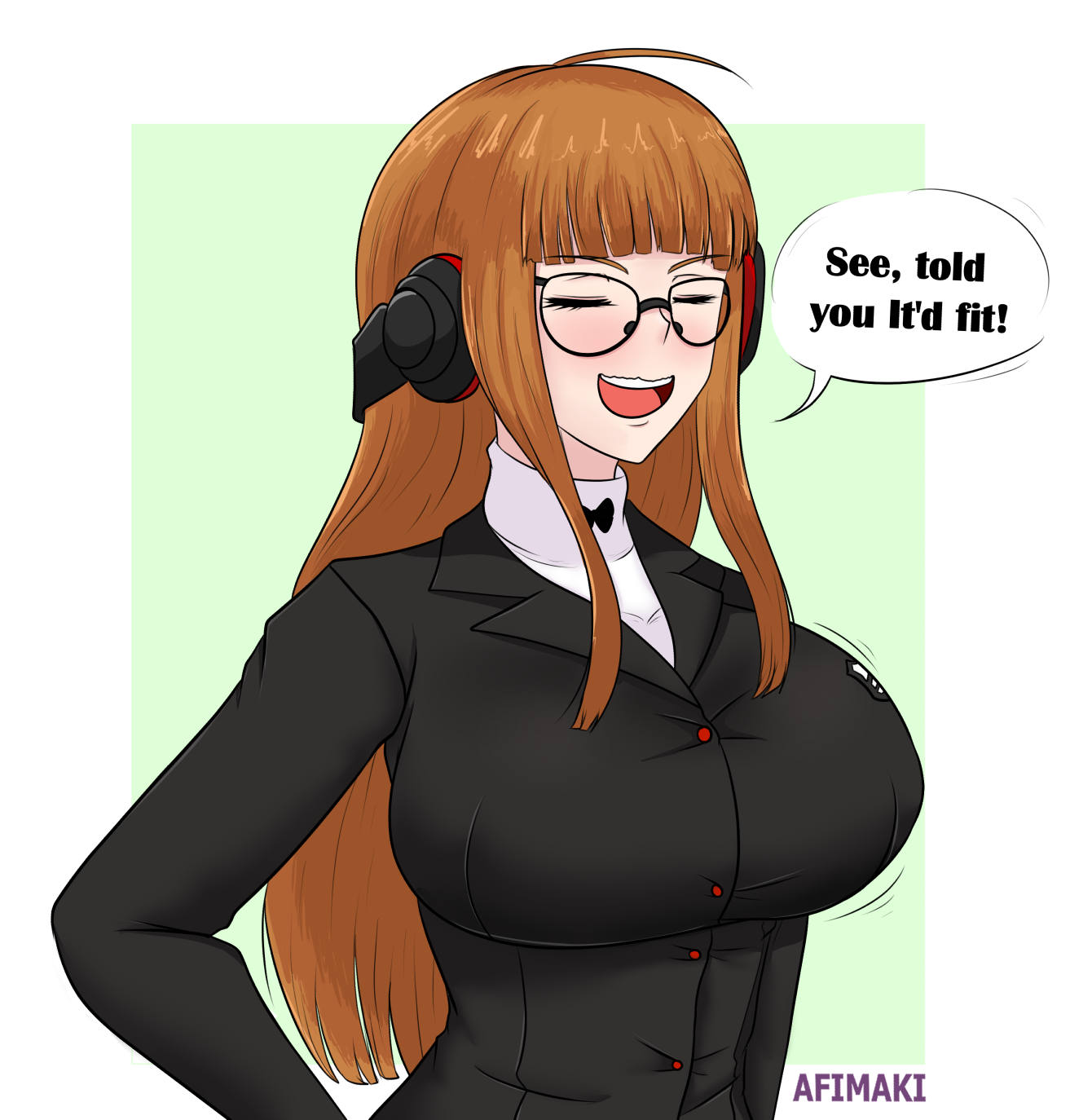 1girls, afimaki, atlus, big breasts, blush, breasts, closed eyes, clothed, clothing, dialogue, female, fully clothed, glasses, headphones, long hair, motion lines, movement lines, open mouth, orange hair, persona, persona 5, sakura futaba, school uniform, schoolgirl, smile, smiling, smiling at viewer, smug, speech bubble