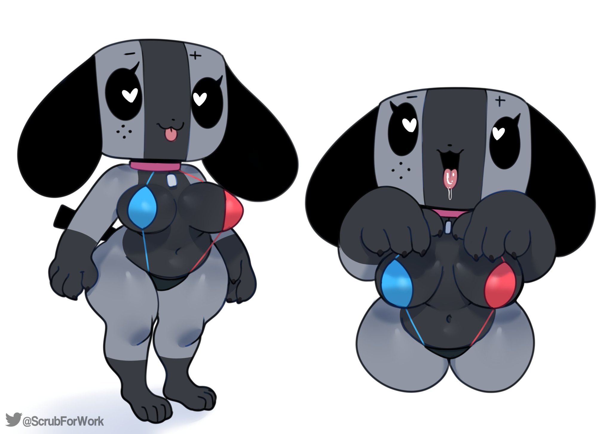:3, animate inanimate, anthro, big breasts, bikini, breasts, collar, female, freckles, heart-shaped pupils, nintendo, nintendo switch, sling bikini, somescrub, switch dog, thick thighs, tongue, tongue out, wide hips