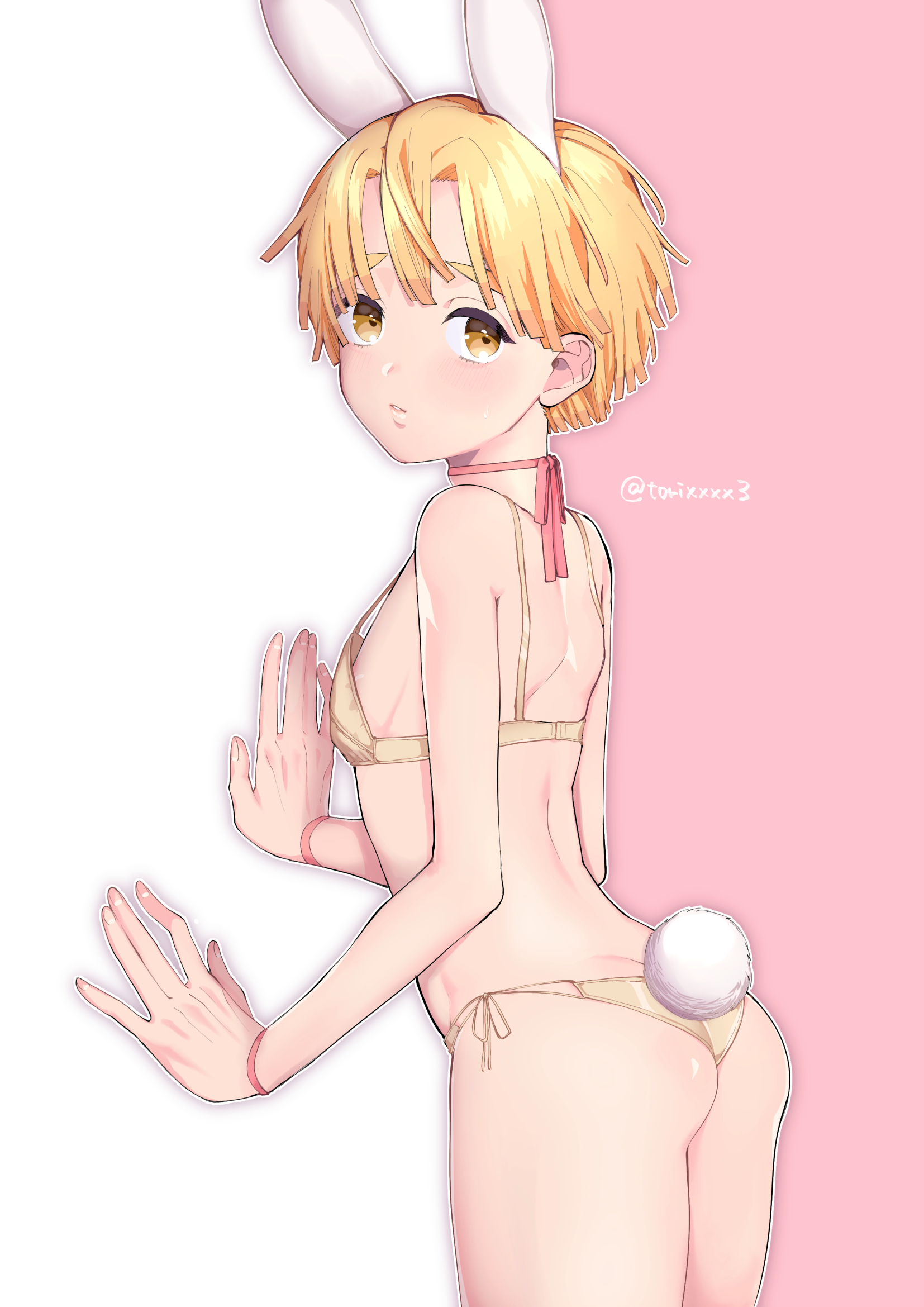 blonde hair, bra, bunny ears, bunny tail, demon slayer, femboy, ishidori, kimetsu no yaiba, looking back, male, male only, neck ribbon, panties, ribbon choker, short hair, solo, thick eyebrows, torixxxx3, twink, yellow eyes, zenitsu agatsuma