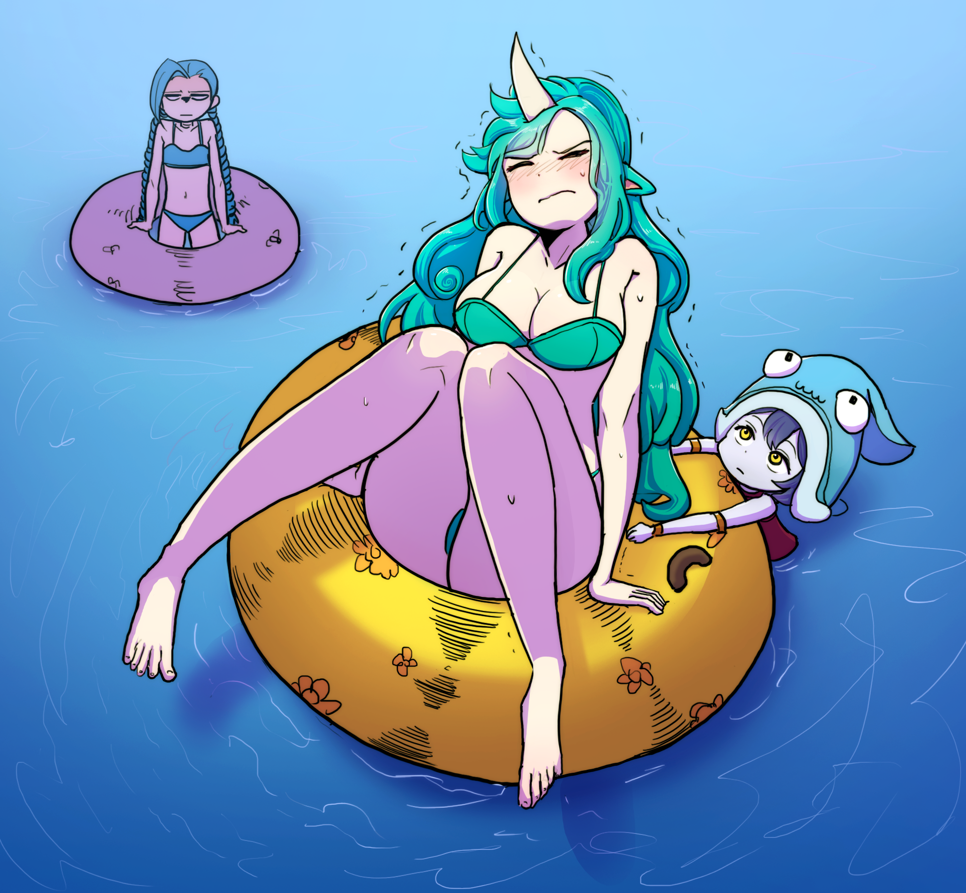 3girls, bare legs, barefoot, big breasts, big hips, blue hair, blush, bra, breasts, cleavage, closed eyes, clothed, clothed female, curvy, dalamkkyu, feet, female, female only, flat chest, floatie, green hair, horn, jinx (league of legends), large breasts, league of legends, light skin, light-skinned female, long hair, lulu the fae sorceress, multiple females, multiple girls, pale skin, pale-skinned female, panties, pointy ears, pool party lulu, pool party series, scared, shallow water, shortstack, soraka, spread legs, standing, star guardian series, star guardian soraka, stuck, sweat, thick, toenail polish, toes, twin braids, wet, wide hips, yordle
