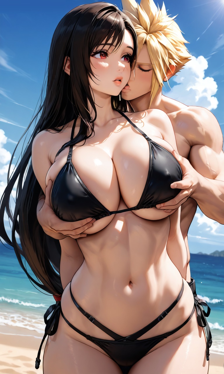 ai_generated bikini breasts breasts cloud_strife final_fantasy_vii grabing_breasts grabing_from_behind tifa_lockhart two_piece_swimsuit