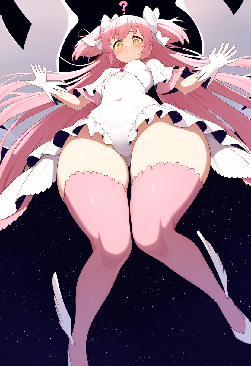 ai_generated child_bearing_hips from_below goddess huge_thighs long_hair madoka_kaname magical_girl mahou_shoujo_madoka_magica panties pink_hair puella_magi_madoka_magica space thick_thighs thighhighs twintails ultimate_madoka very_long_hair voluptuous voluptuous_female wide_hips wings yellow_eyes