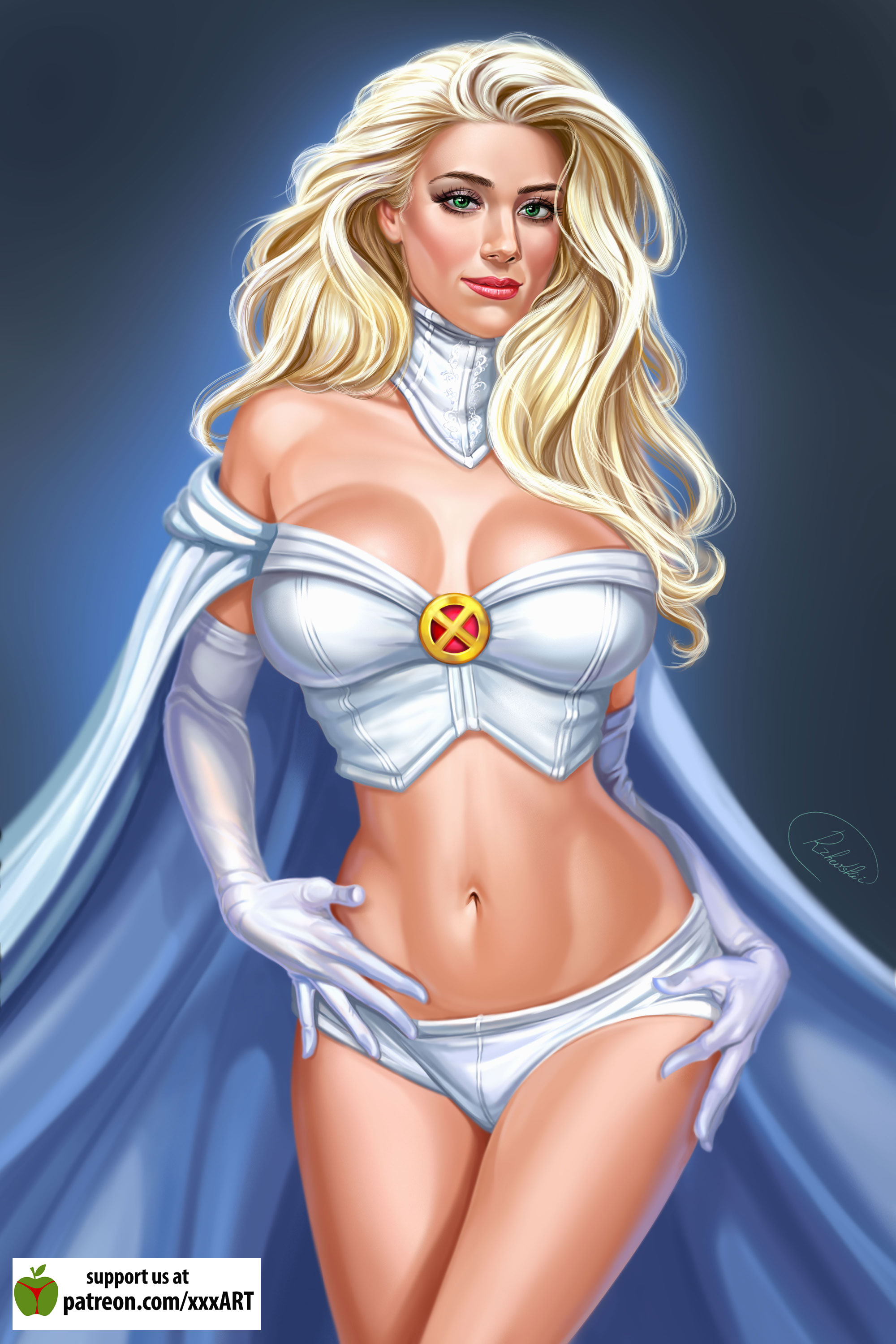 1girls, absurd res, actress, amber heard, big breasts, blonde hair, blush, booty shorts, breasts, busty, cape, celebrity, cleavage, clothing, elbow gloves, emma frost, female, female only, gloves, green eyes, highres, homo superior, large breasts, lipstick, long hair, makeup, marvel, marvel comics, mutant, red lips, red lipstick, rzhevskii, shorts, solo, standing, superheroine, white queen, x-men