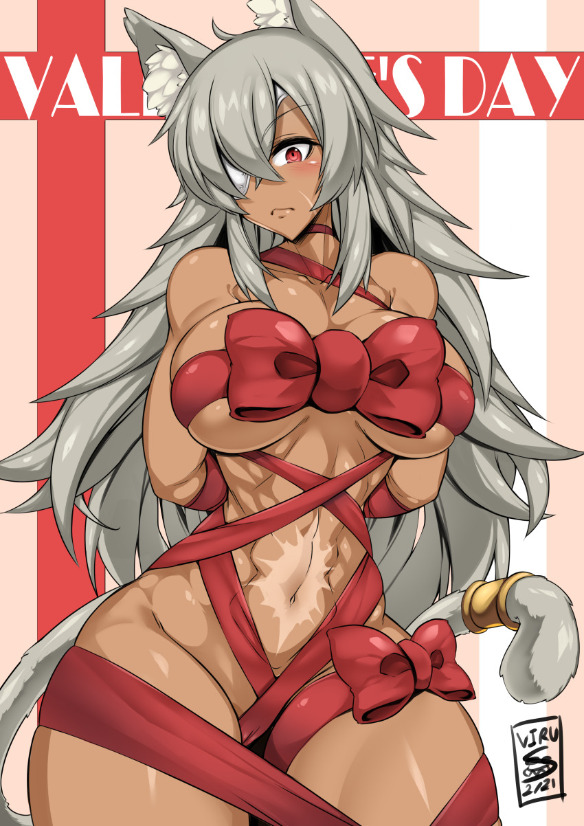 1girls dark-skinned_female dark_skin female ghislaine_dedoldia kemonomimi mushoku_tensei neko nekomimi red_eyes ribbon ribbon_bondage ribboned_body ribbons solo white_hair