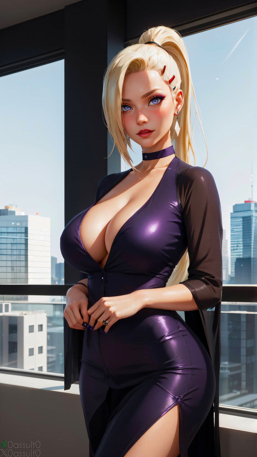 0assult0 1girls ai_generated anime apartment babe beautiful beautiful_females big_breasts blonde_hair blonde_ponytail buildings busty_female buttons chocker city_background cleavage crystal crystal_earrings curvy_figure date dress earrings evening female hair_tie happy_valentine heavenly_face ino_yamanaka kunoichi looking_at_viewer nail_polish naruto naruto_shippuden ninja ponytail purple_dress purple_nails realistic seductive seductive_eyes sexy unbuttoned upper_floor valentine's_day window