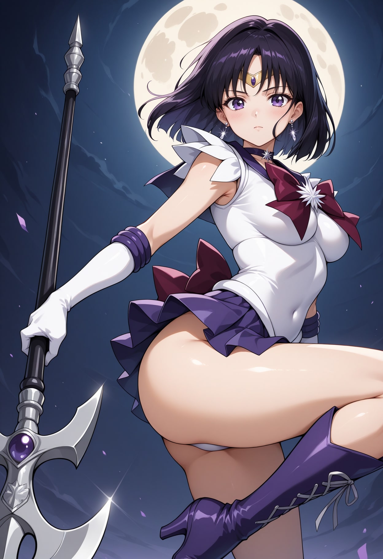 ai_generated ass bishoujo_senshi_sailor_moon black_hair blush closed_mouth clothing earrings female female_focus hi_res hotaru_tomoe low-angle_view one_leg_up panties purple_eyes sailor_saturn sephiaton955 short_hair underwear visible_underwear