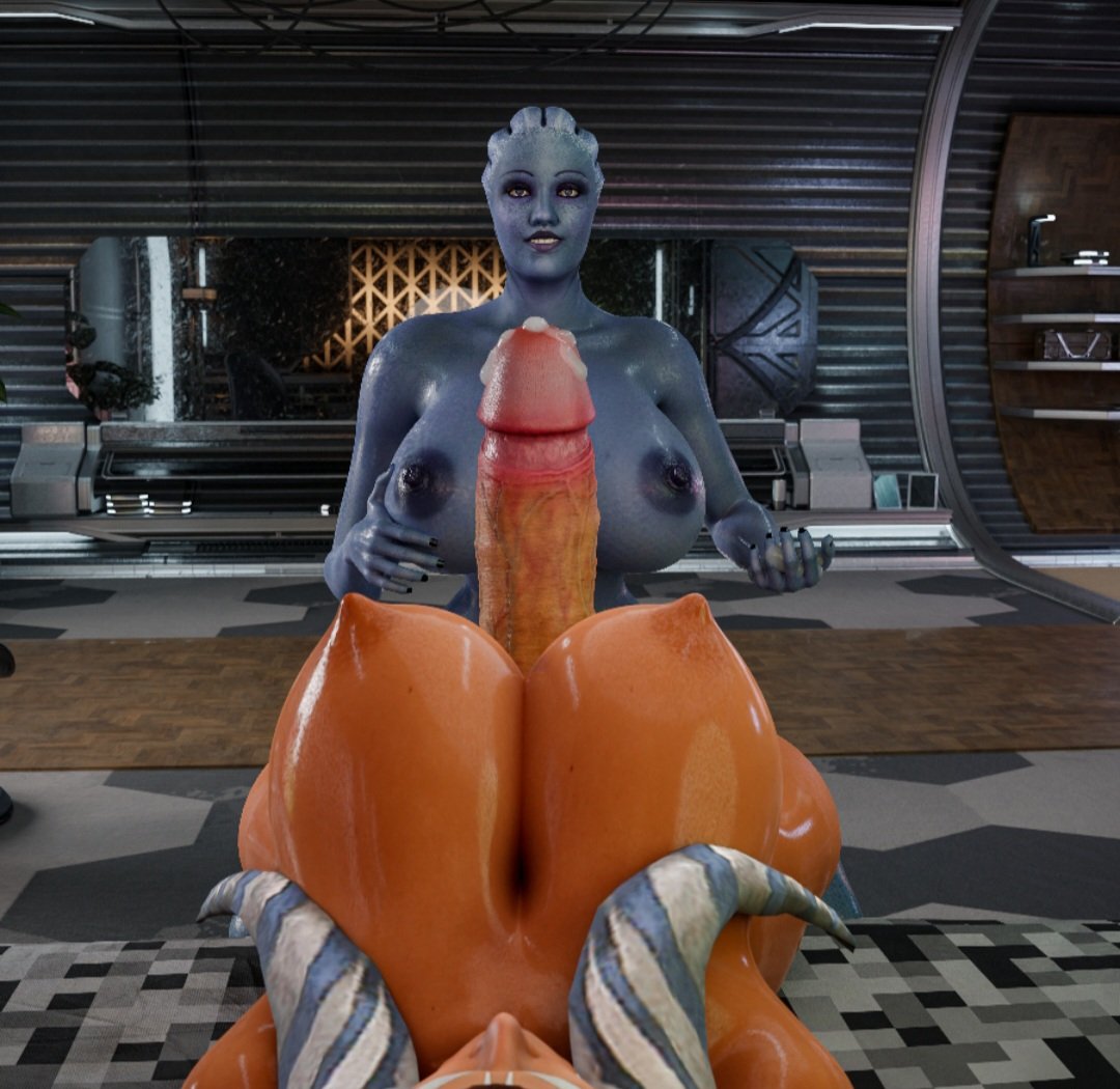 1futa, 1girls, 3d, ahsoka tano, alien, asari, big breasts, blue skin, breasts, crossover, cum, female, futa on female, futanari, huge breasts, huge cock, intersex, liara t'soni, mass effect, nipples, orange skin, penis, star wars, therealjl, togruta