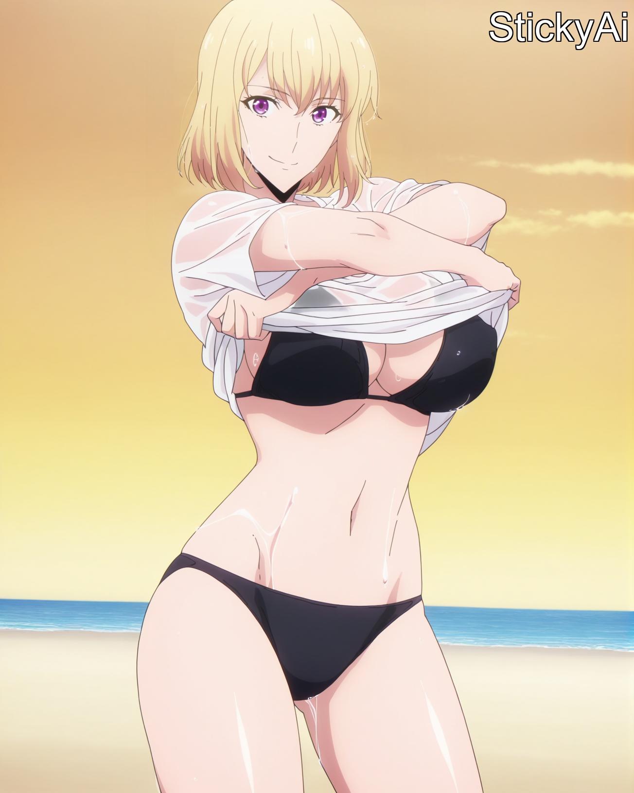 ai_generated beach blonde_hair cha_hae_in large_breasts medium_hair solo_leveling stickyai undressing