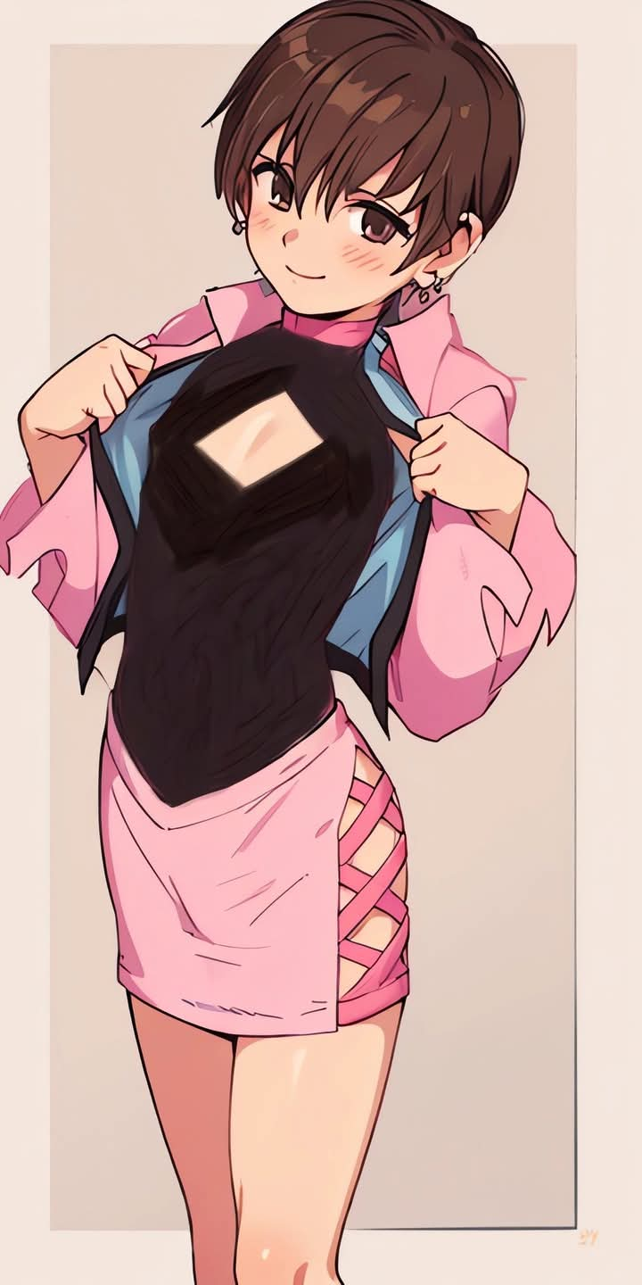 1boy chris_(king_of_fighters) crossdressing embarrassed femboy king_of_fighters leotard male_focus miniskirt pink_jacket pink_outfit saigado shermie_(cosplay) smile snk the_king_of_fighters trap yaoi younger_male