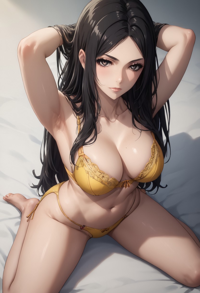 ai_generated armpits arms_behind_head arms_up black_hair kneeling large_breasts lingerie long_hair looking_at_viewer pale-skinned_female spread_legs stellar_blade tachy_(stellar_blade) yellow_lingerie