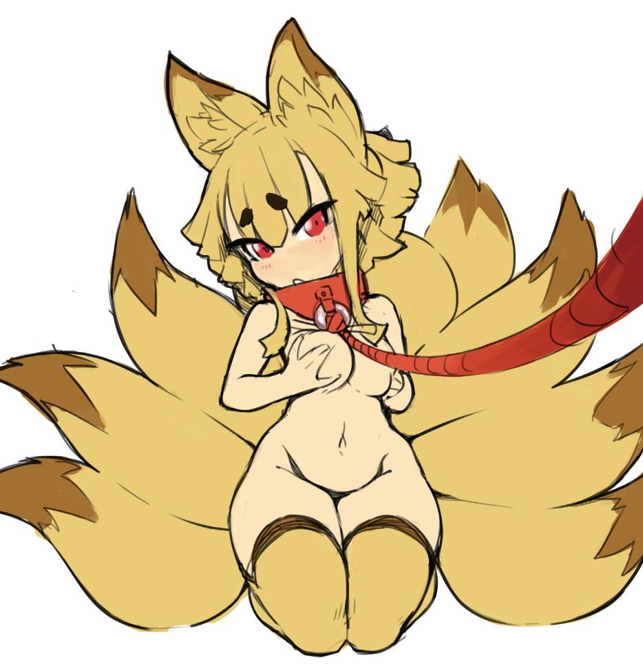 breasts completely_nude completely_nude_female disgaea disgaea_5 fox_girl large_breasts leashed_collar nine-tails_(disgaea) nippon_ichi_software thighhighs thighs