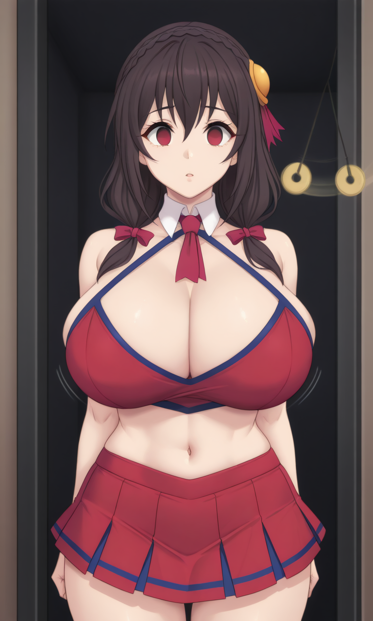 ai_generated big_breasts brainwashed brown_hair cheerleader cheerleader_outfit cheerleader_uniform collar empty_eyes expressionless hypnosis hypnosis kono_subarashii_sekai_ni_shukufuku_wo! large_breasts medium_breasts mind_control pendulum pixai red_eyes red_ribbon red_ribbons red_skirt red_uniform simple_background skirt tagme tie yunyun_(konosuba)