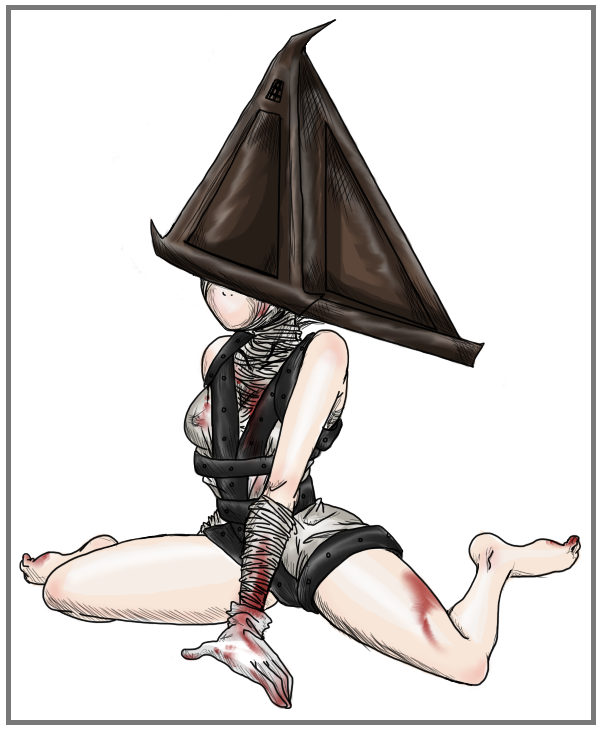 armor bandage bandaged_arm barefoot beige_skin blood blood_stain bloody_bandage clothes color female female_only front_view gloves helmet pyramid_head red_blood rule_63 silent_hill silent_hill_2 simple_background sitting solo white_background