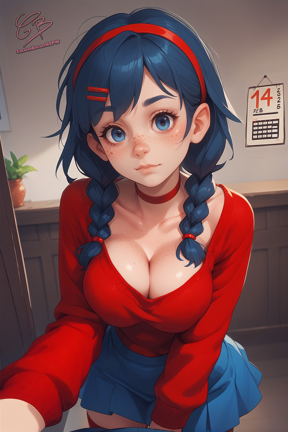 ai_assisted ai_generated bangs blue_eyes blue_hair blue_skirt braid breasts choker cleavage creamybiscuit freckles hair_ornament hairband hairclip large_breasts lips long_hair miside pleated_skirt red_choker red_sweater skirt sweater twin_braids