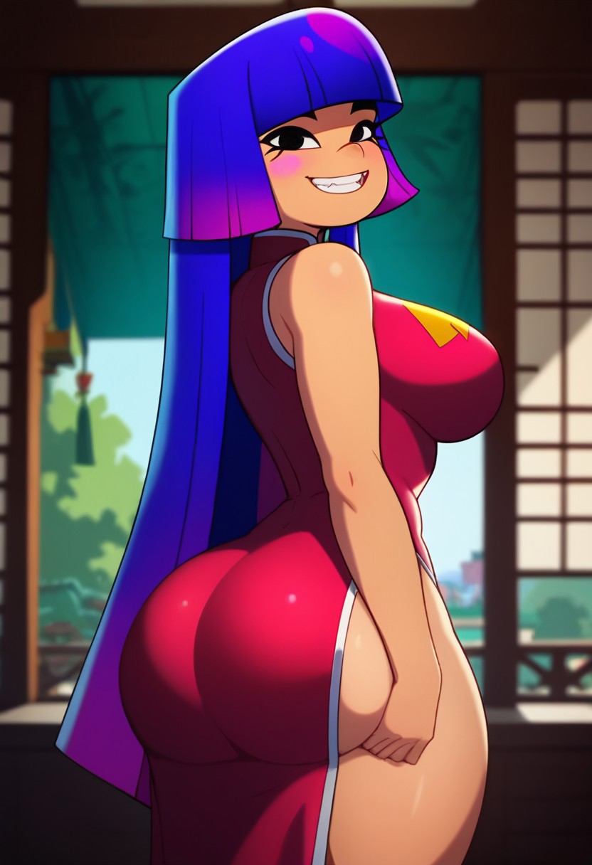 1girls ai_generated backview big_ass big_breasts blue_hair chinese_dress clothed female glitch_techs lautpomp long_hair looking_at_viewer miko_kubota multicolored_hair smile smiling thick_thighs violet_hair