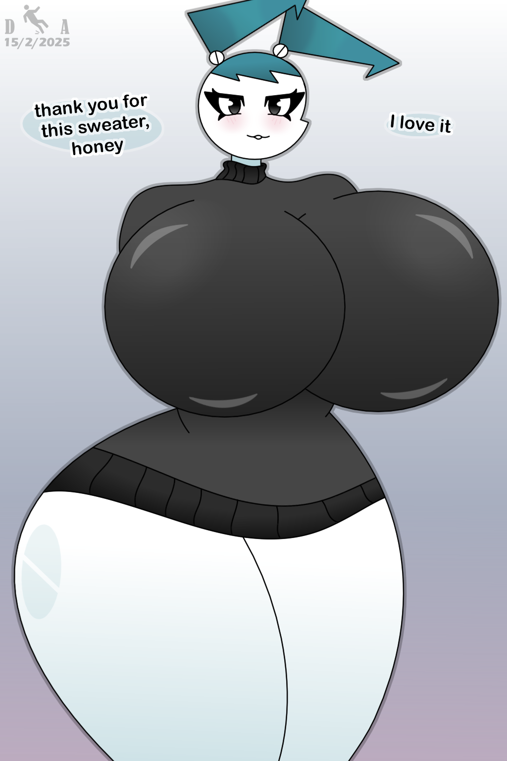 2025 big_breasts bimbo blush blush blush_lines breasts_bigger_than_head dropedartist enormous_breasts huge_breast jenny_wakeman my_life_as_a_teenage_robot open_mouth robot robot_girl robot_humanoid self_upload sweater text text_bubble thick_legs